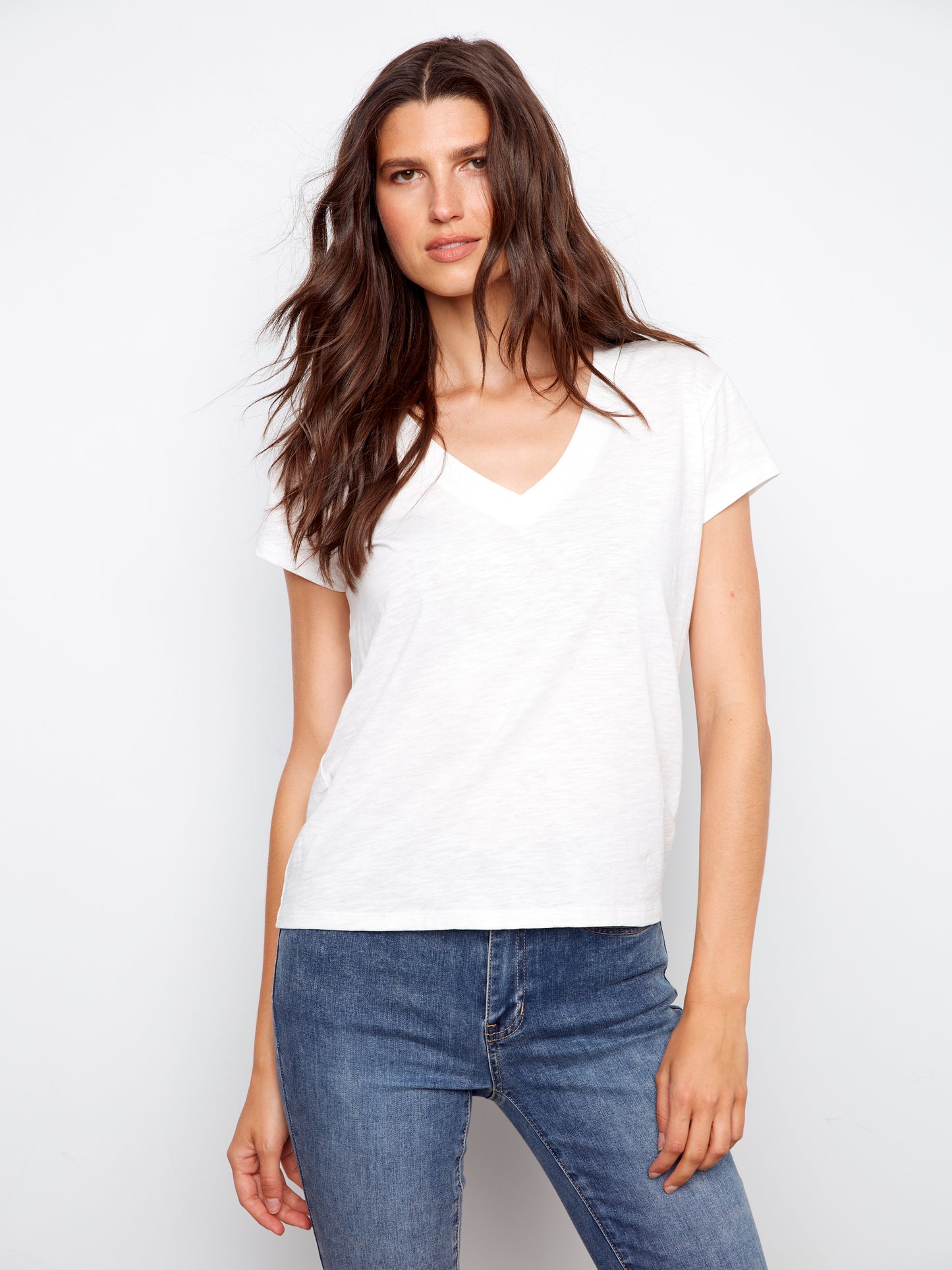 Charlie B Organic Cotton Drop Shoulder V-Neck T-Shirt White C1428PK-463B-002