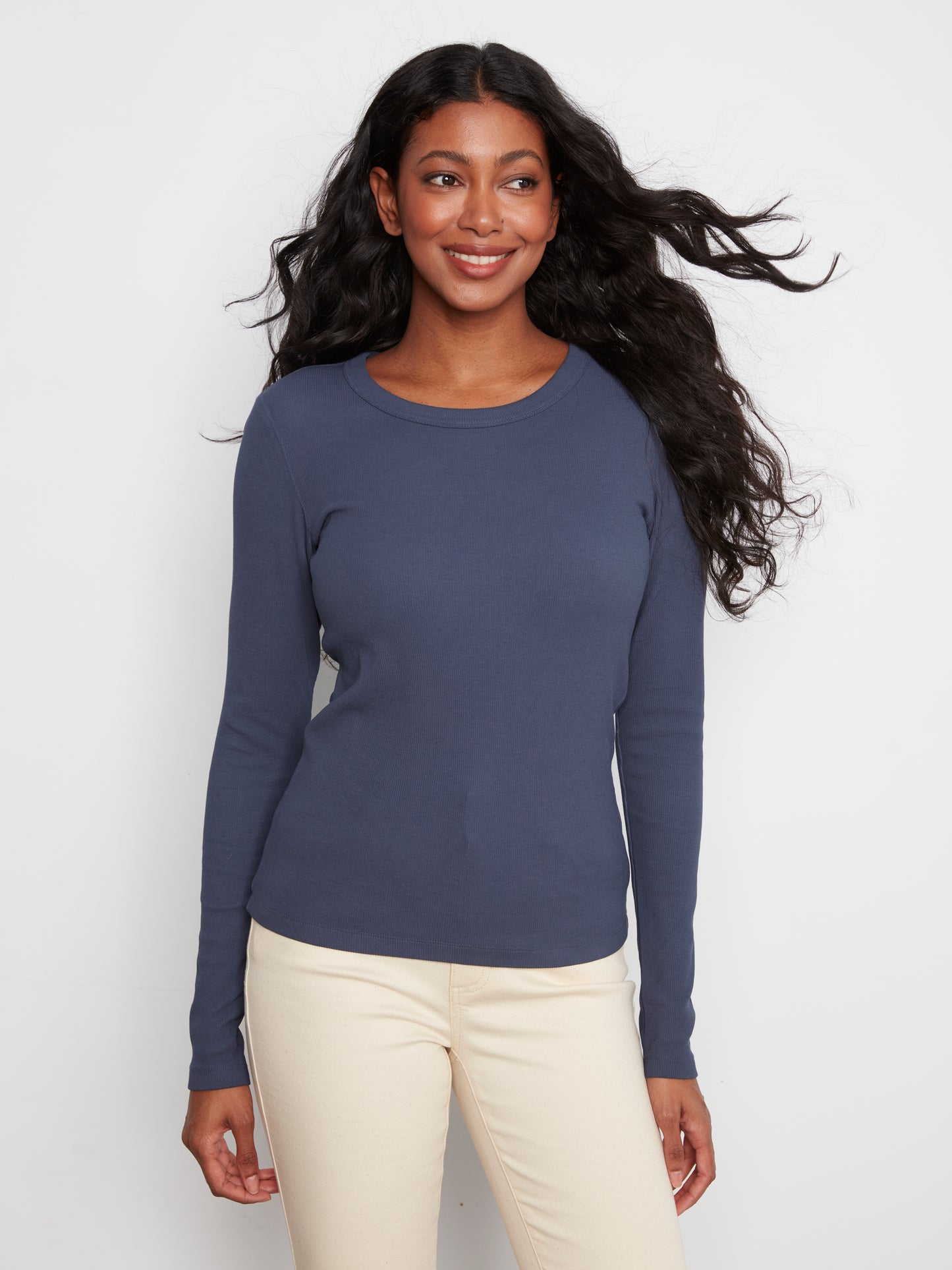 Charlie B Tencel Rib L/S Crew Neck Top Midnight C1448PK-549C-081