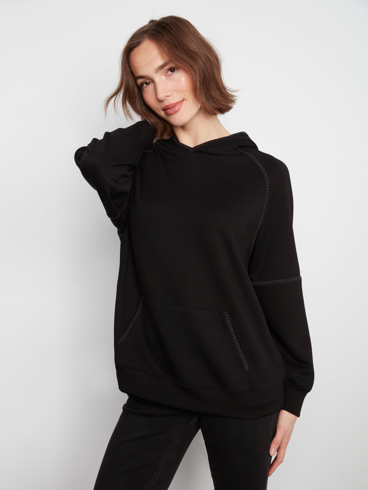 Charlie B Blanket Stitch Soft Scuba Hoodie Black C1456-479C-001