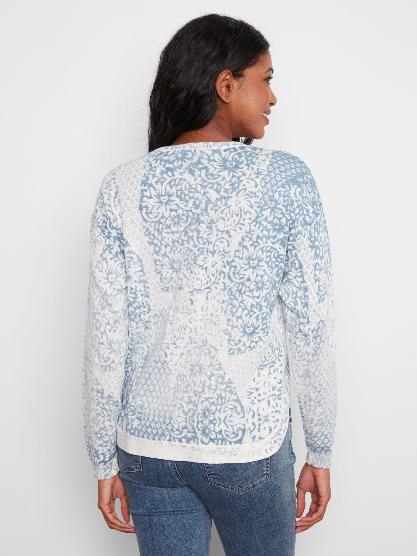Charlie B L/S Crew Neck Rounded Hem Printed On Reverse Sweater Damask C2010P-261B-P636