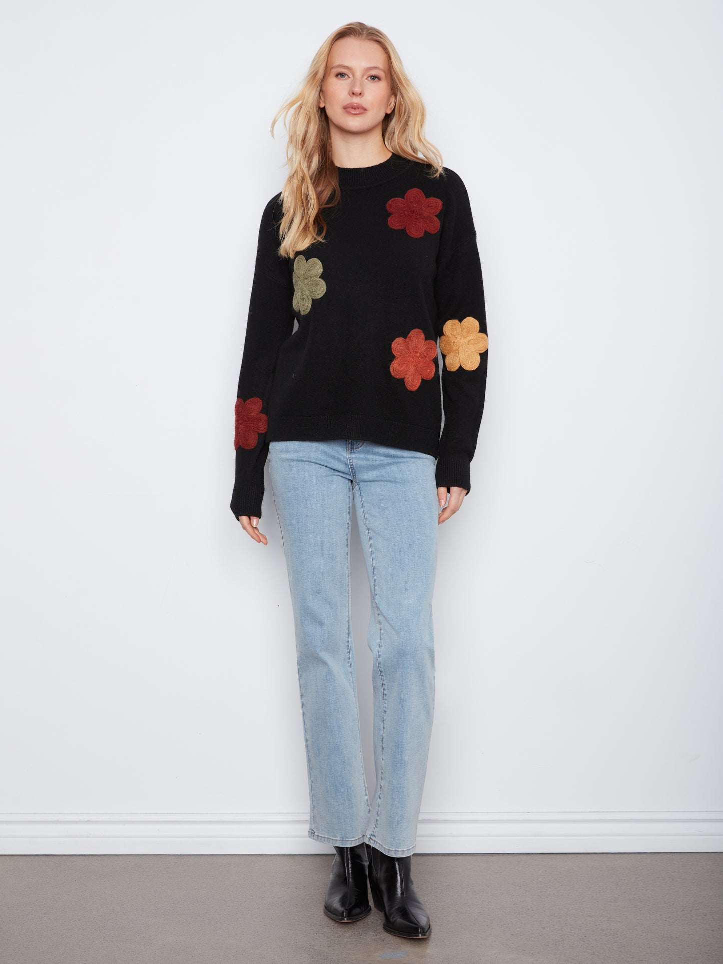 Charlie B L/S Drop Shoulder Flower Applique Sweater Black C2012-736A-P001
