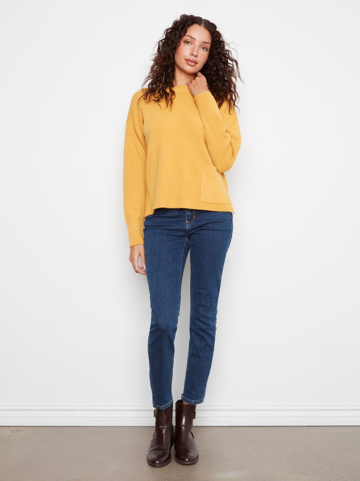 Charlie B Crew Neck Dropped Shoulder Cropped Sweater w/ Pocket Amber C2052-736A-224