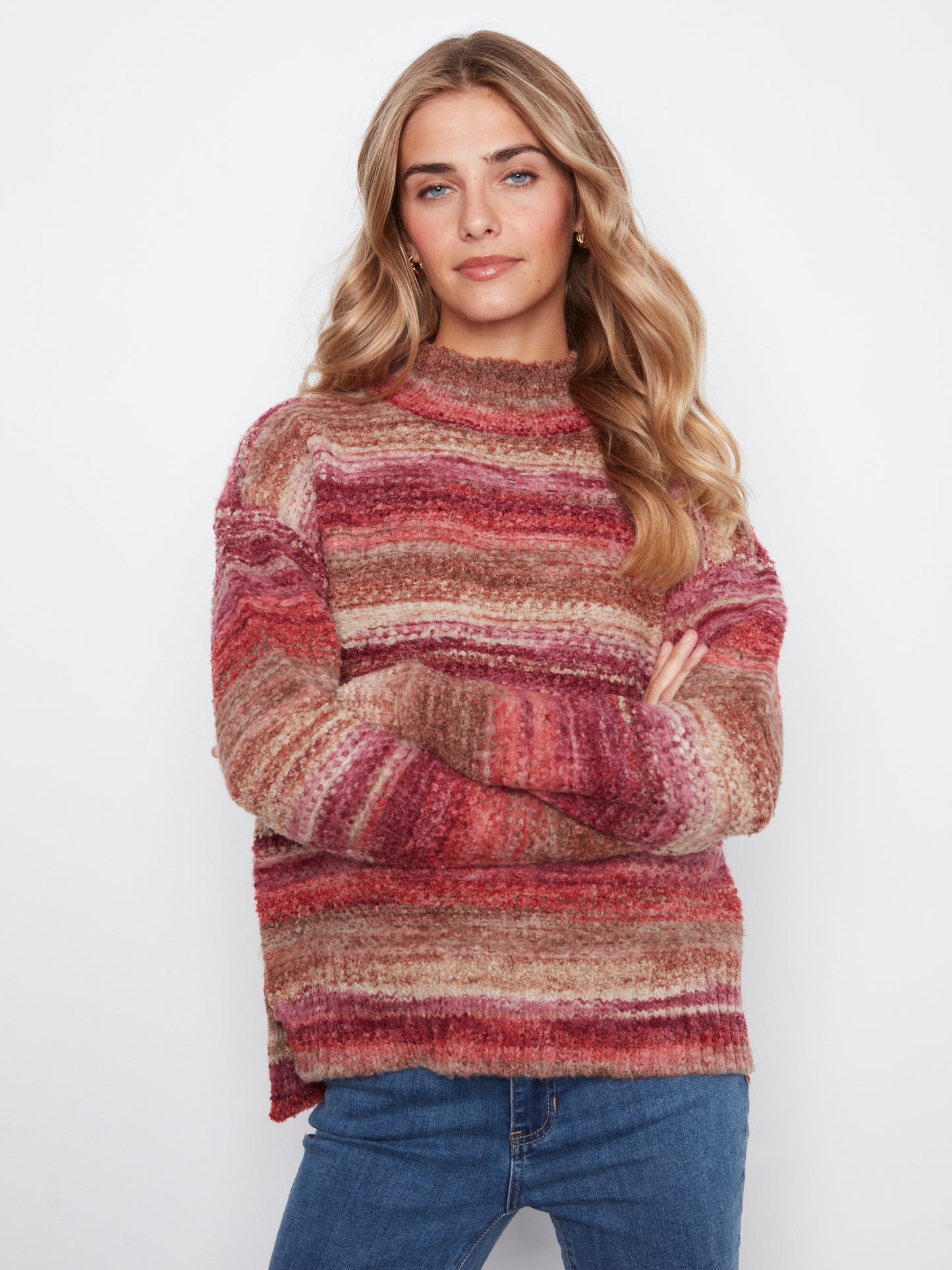 Charlie B Long Sleeve Drop Shoulder Mock Neck High-Low Sweater Mulberry C2067-747C-P674