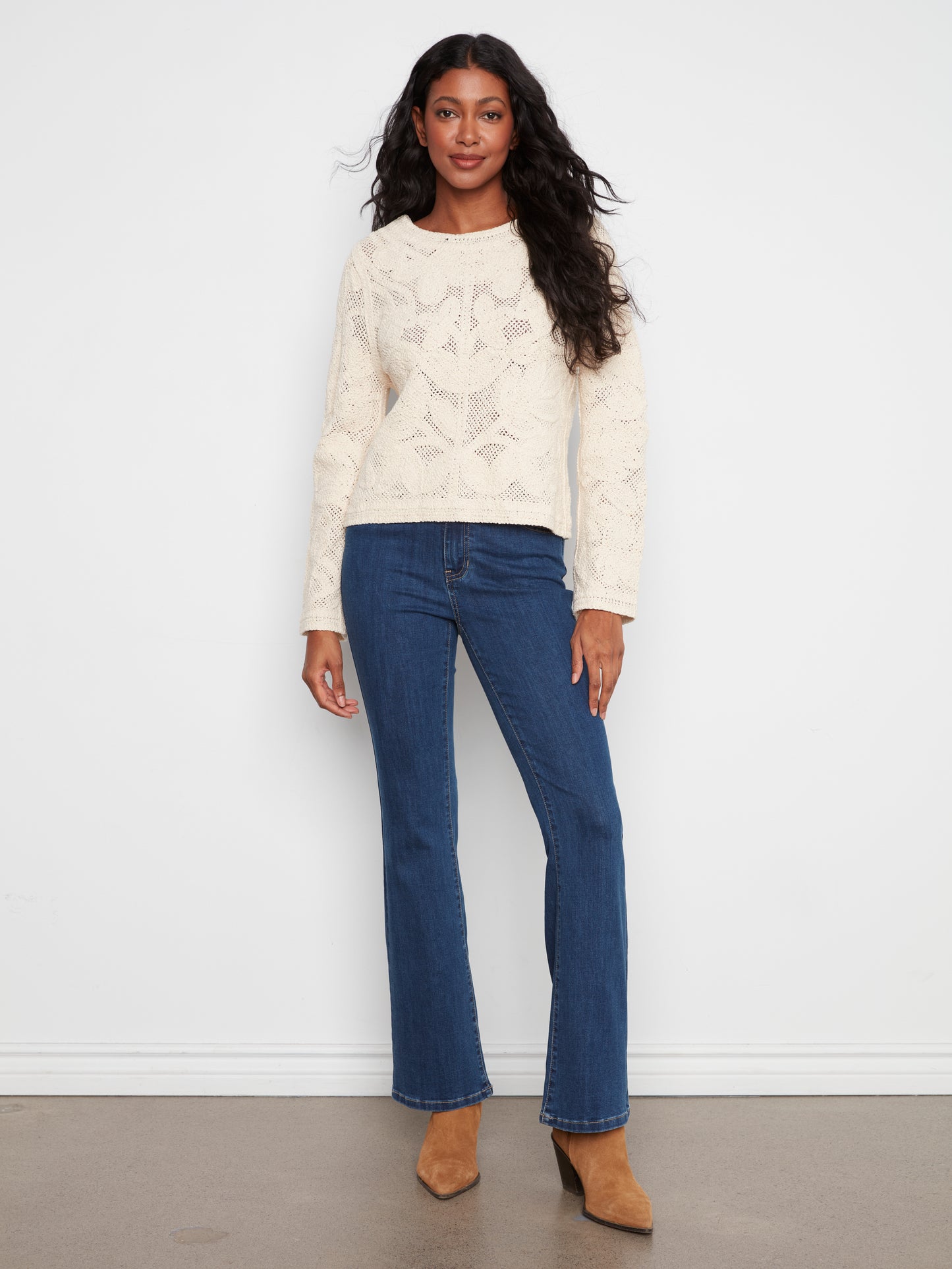 Charlie B Long Sleeve Crochet Cardigan Wear 2 Ways Reversible Natural C2151-797C-100