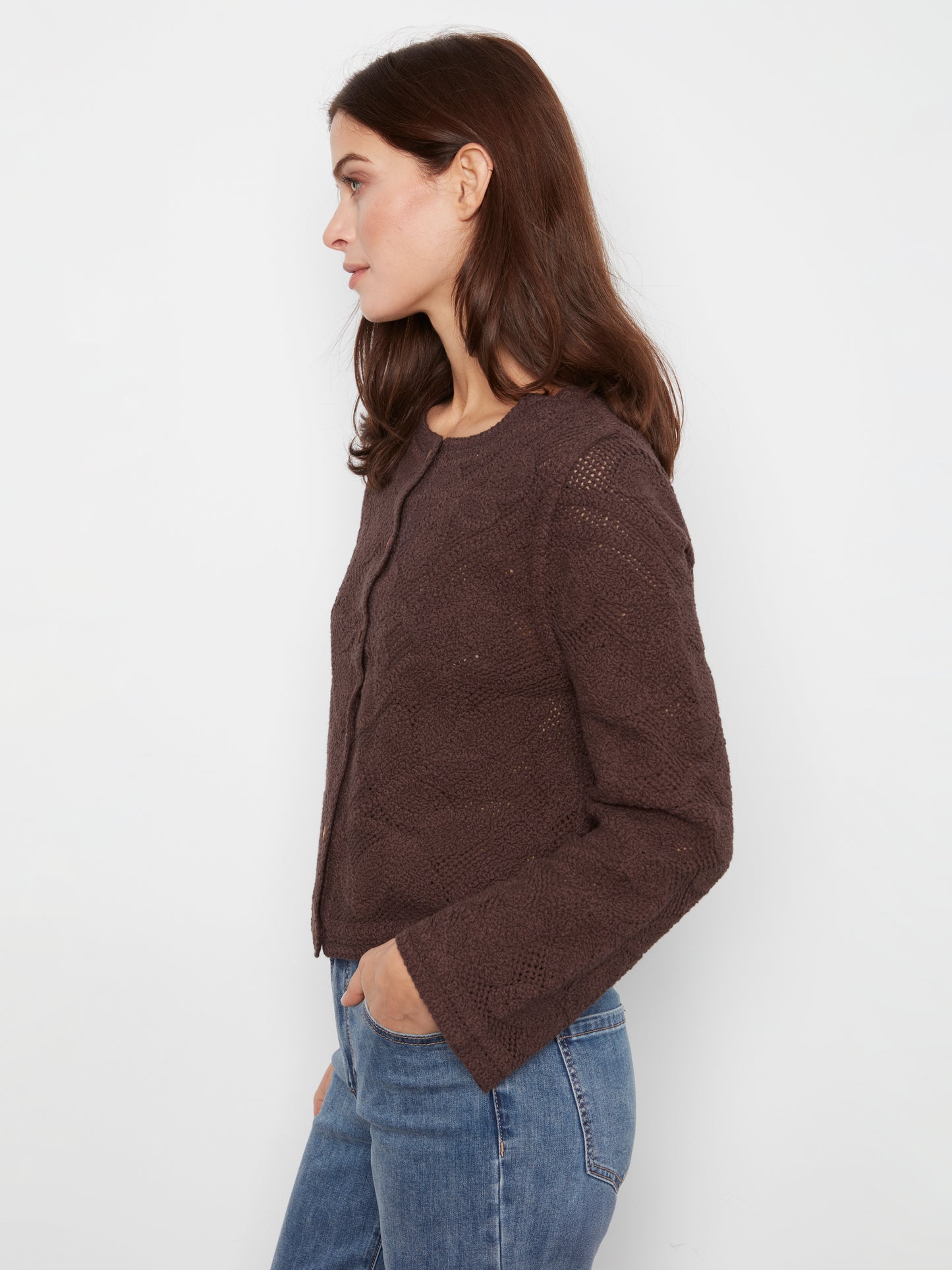 Charlie B Long Sleeve Crochet Cardigan Wear 2 Ways Reversible Coffee C2151-797C-413