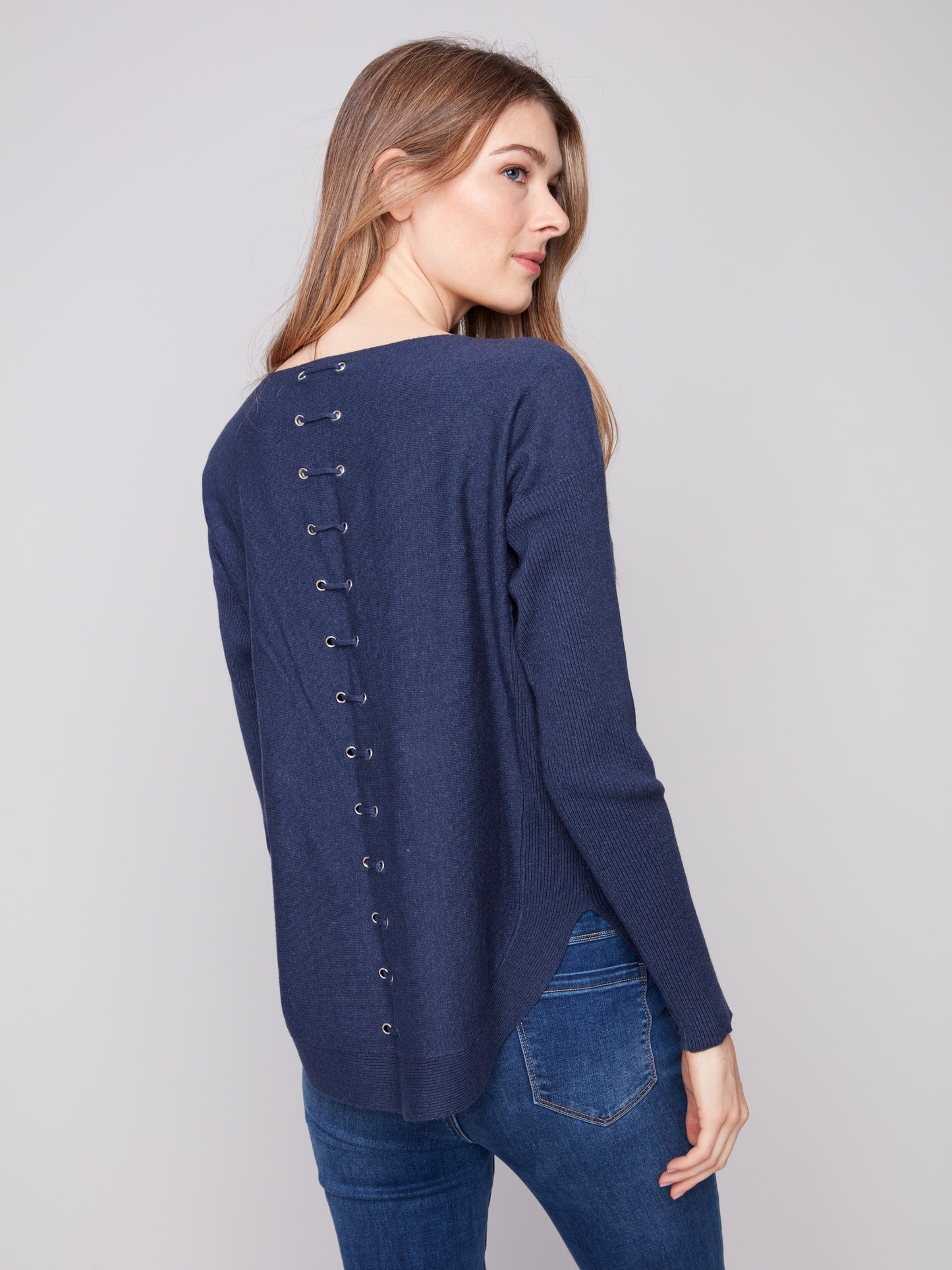 Charlie B Sweater w/Back Lace-up Detail H. Denim C2170Z-464A-011