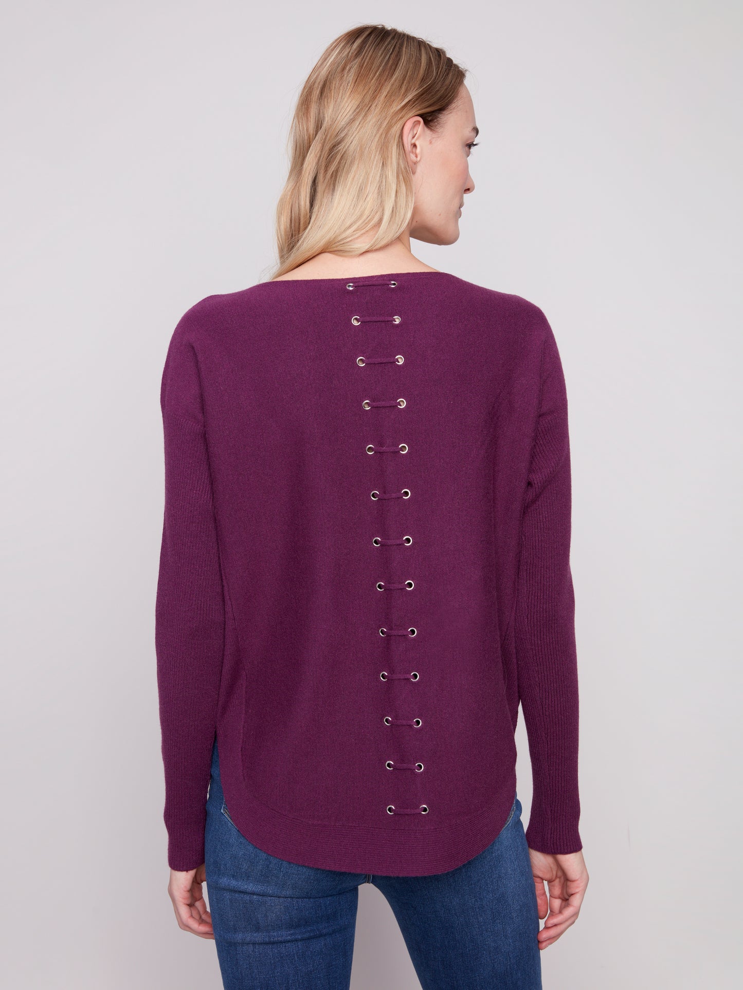 Charlie B Sweater w/Back Lace-up Detail Berry C2170Z-464A-881