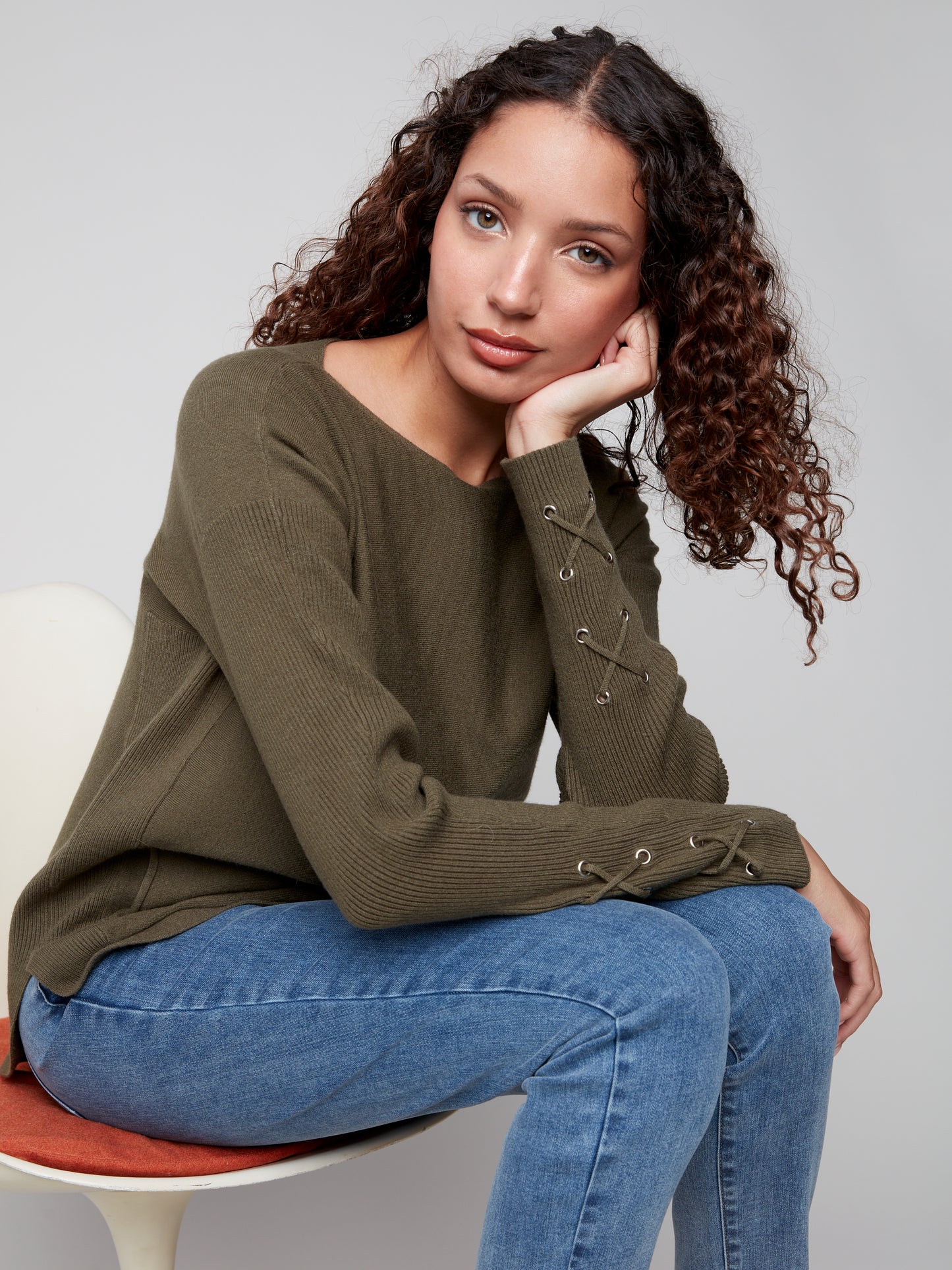 Charlie B Sweater w/Lace-up Cuffs Spruce C2380Y-464A-531