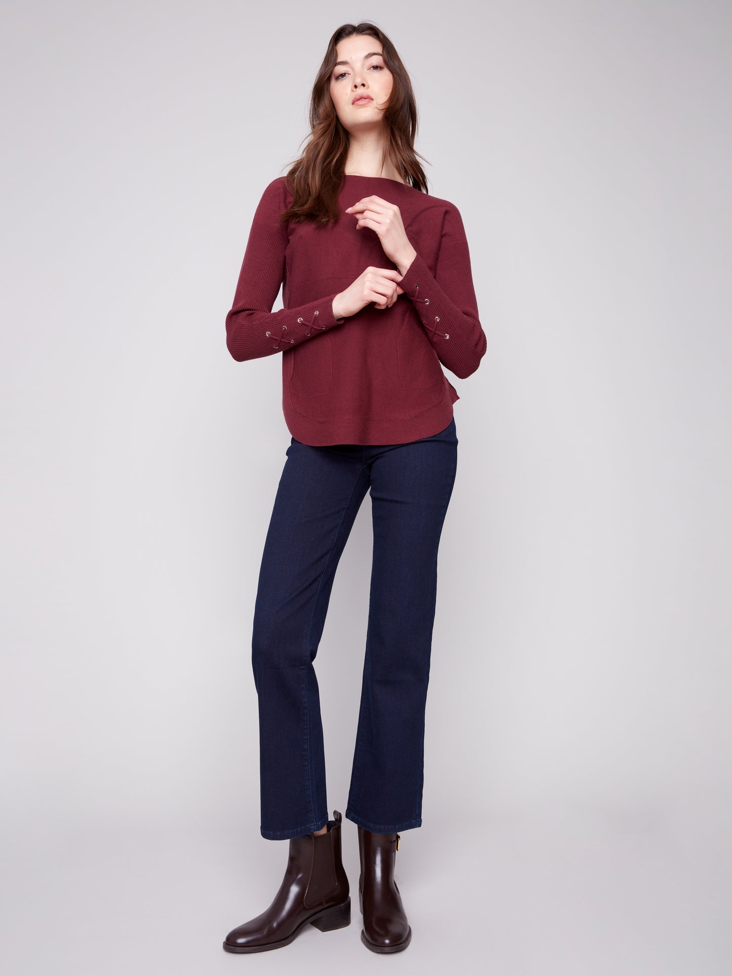 Charlie B Sweater w/Lace-up Cuffs Cabernet C2380Y-464A-667