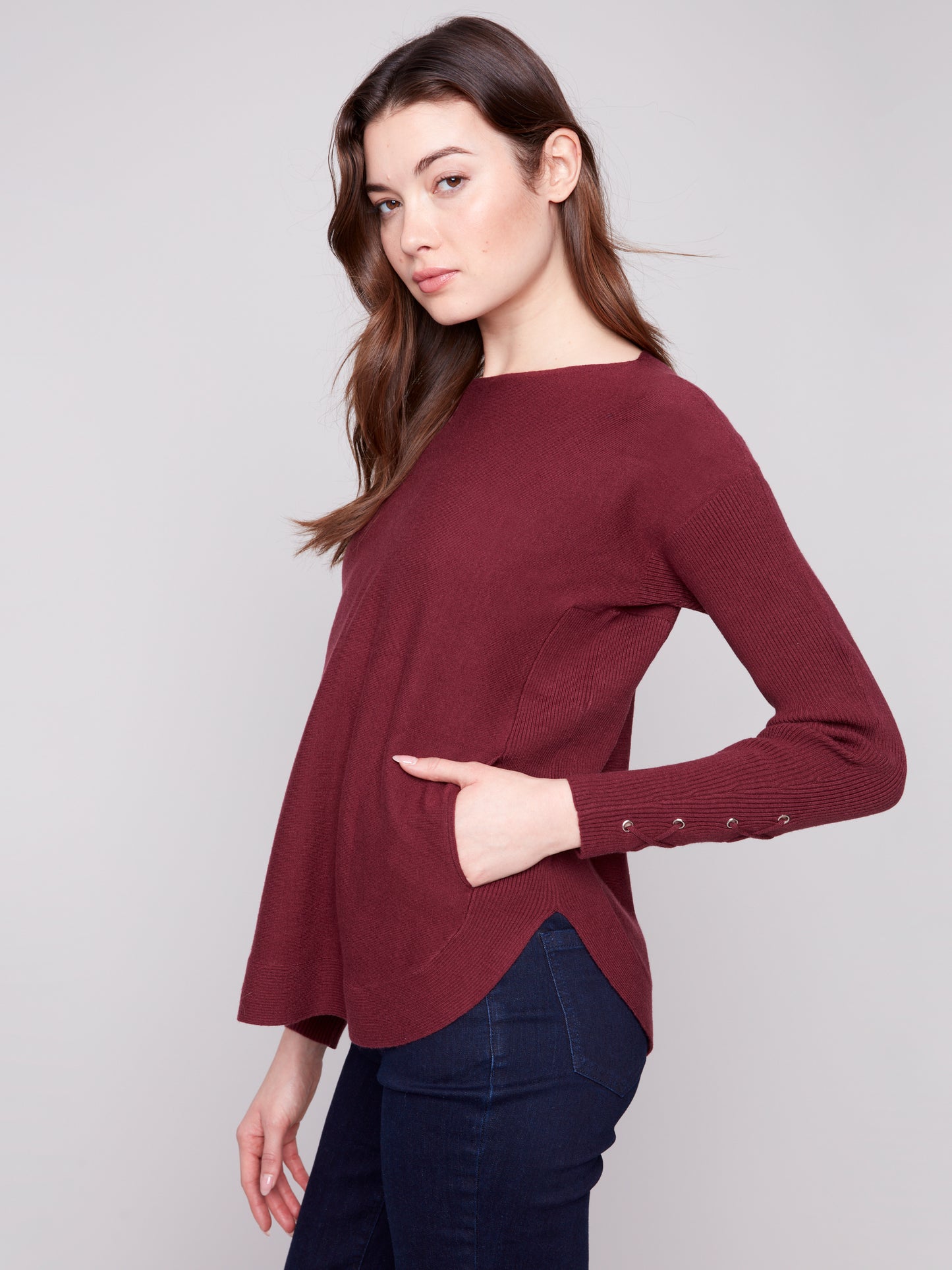 Charlie B Sweater w/Lace-up Cuffs Cabernet C2380Y-464A-667