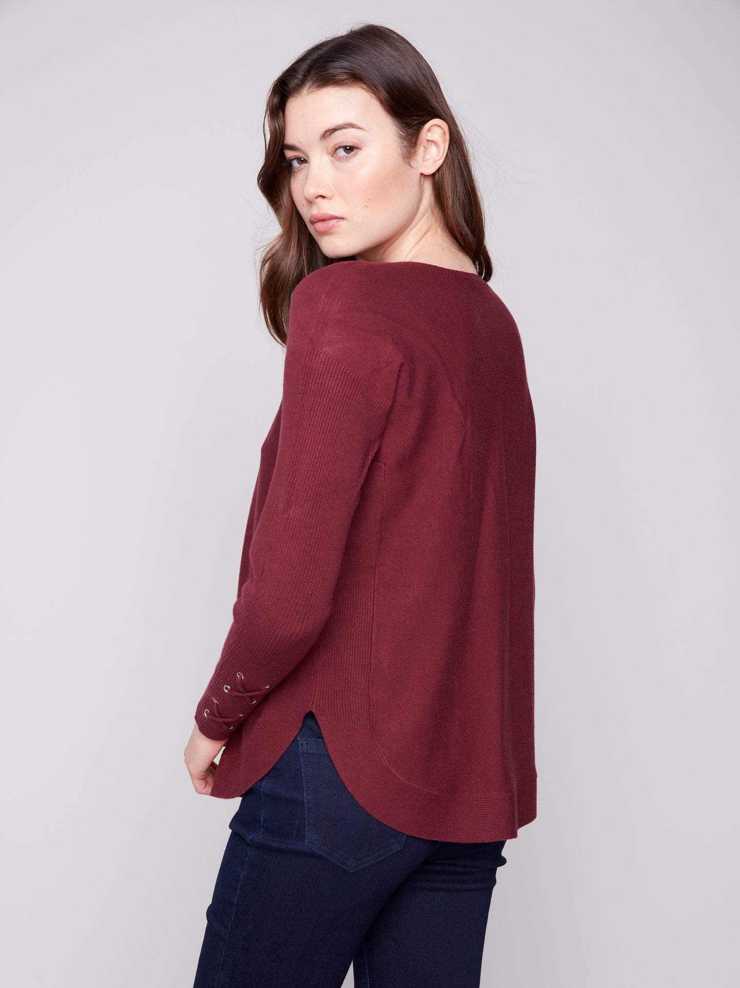 Charlie B Sweater w/Lace-up Cuffs Cabernet C2380Y-464A-667