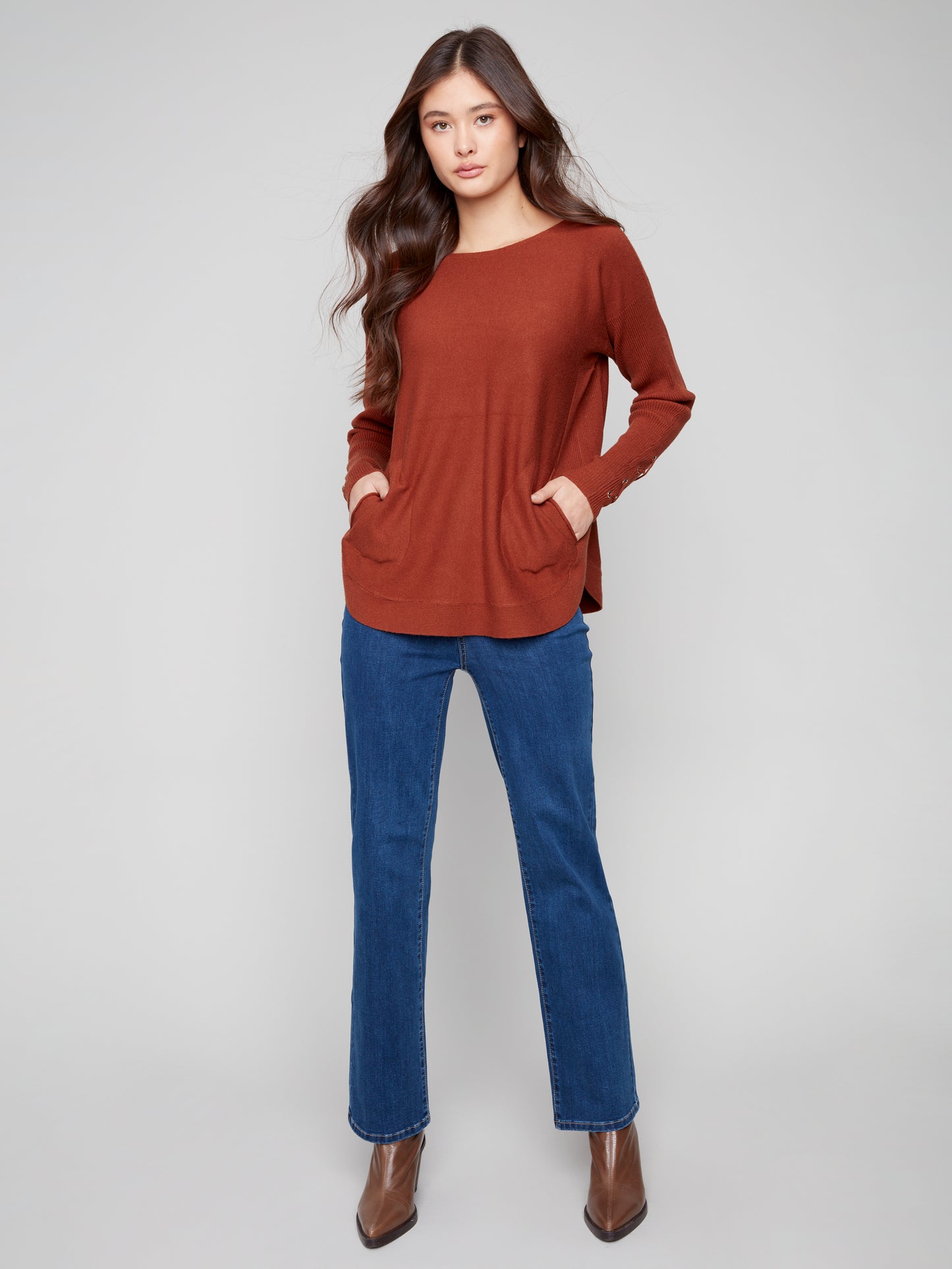 Charlie B Sweater w/Lace-up Cuffs Sepia C2380Y-464A-898
