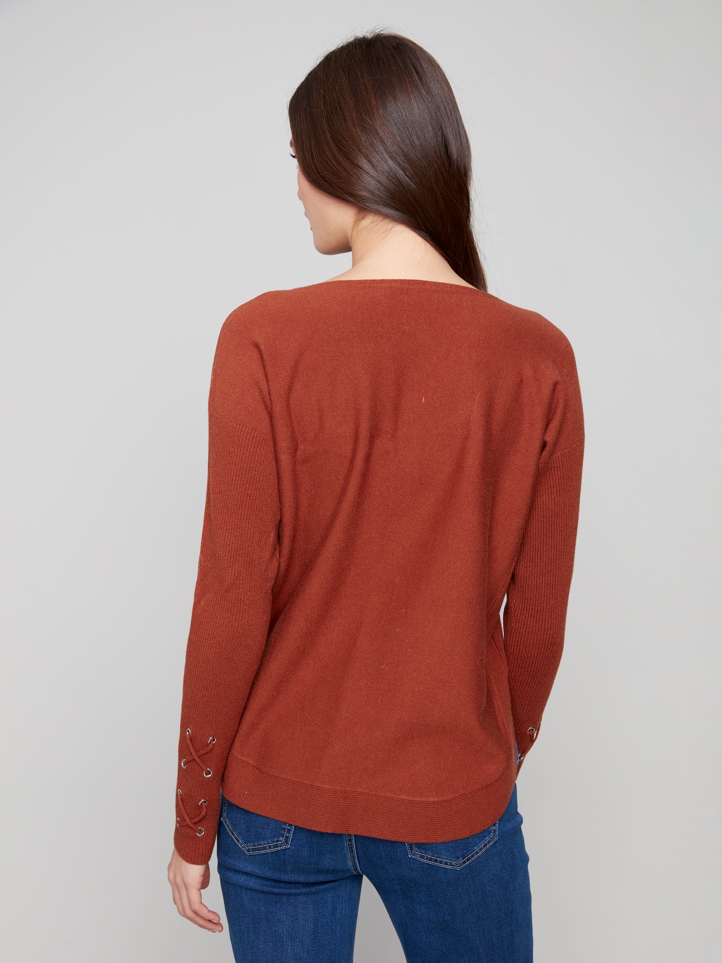 Charlie B Sweater w/Lace-up Cuffs Sepia C2380Y-464A-898