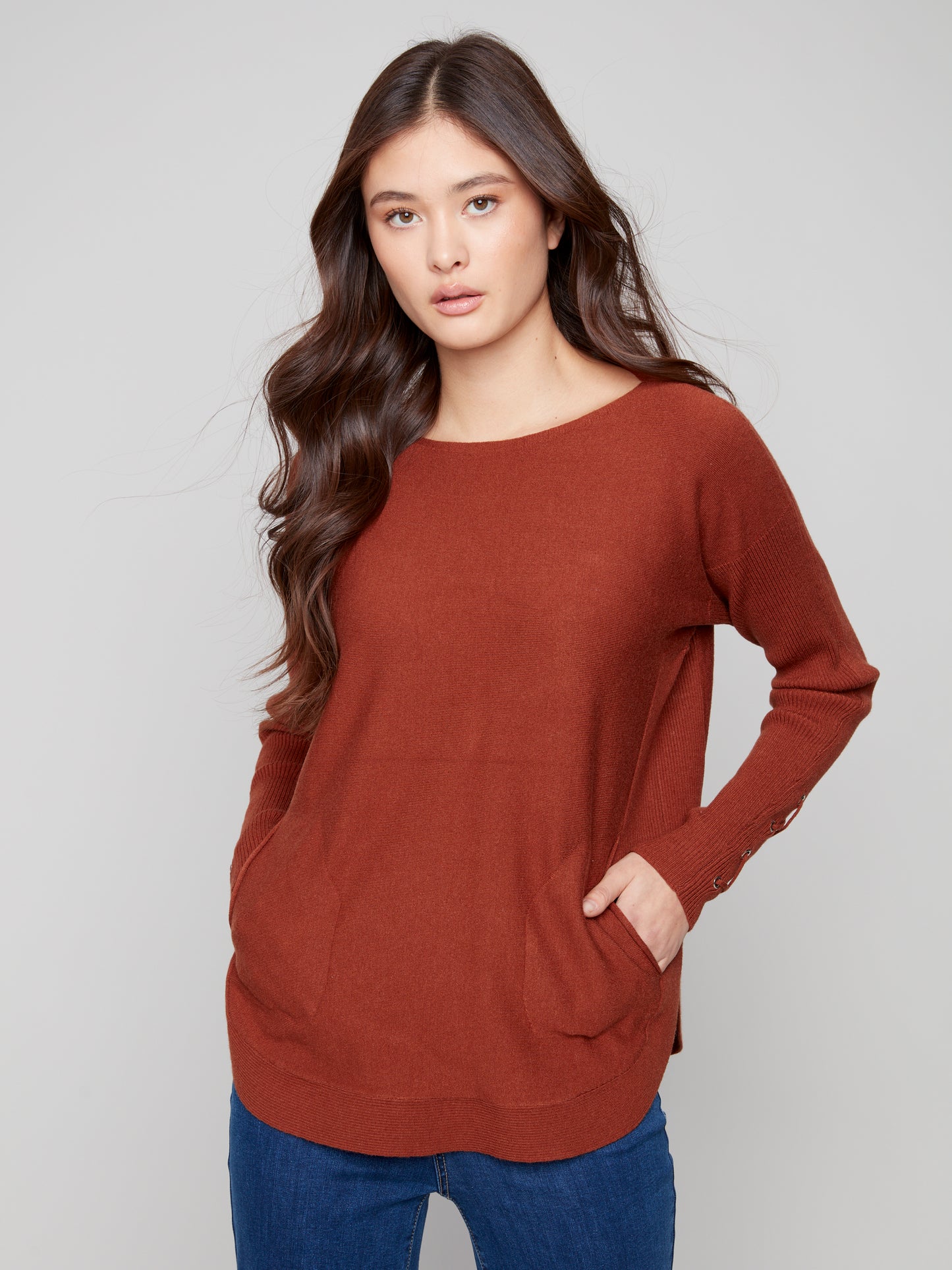 Charlie B Sweater w/Lace-up Cuffs Sepia C2380Y-464A-898