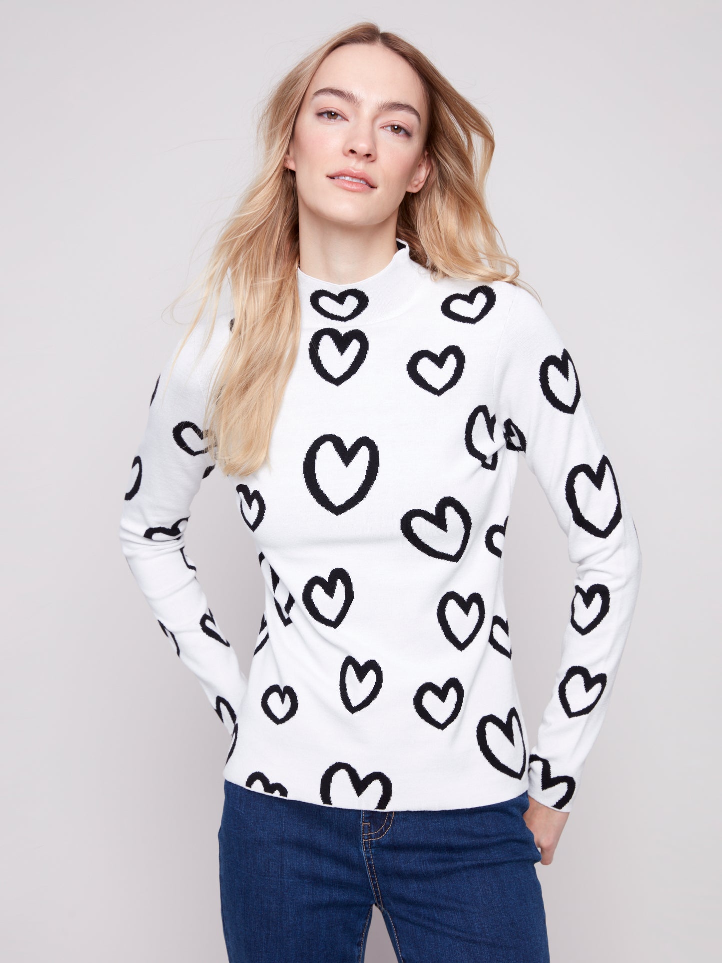 Charlie B Reversible Mock Neck Sweater Hearts C2681PR-965B-P461