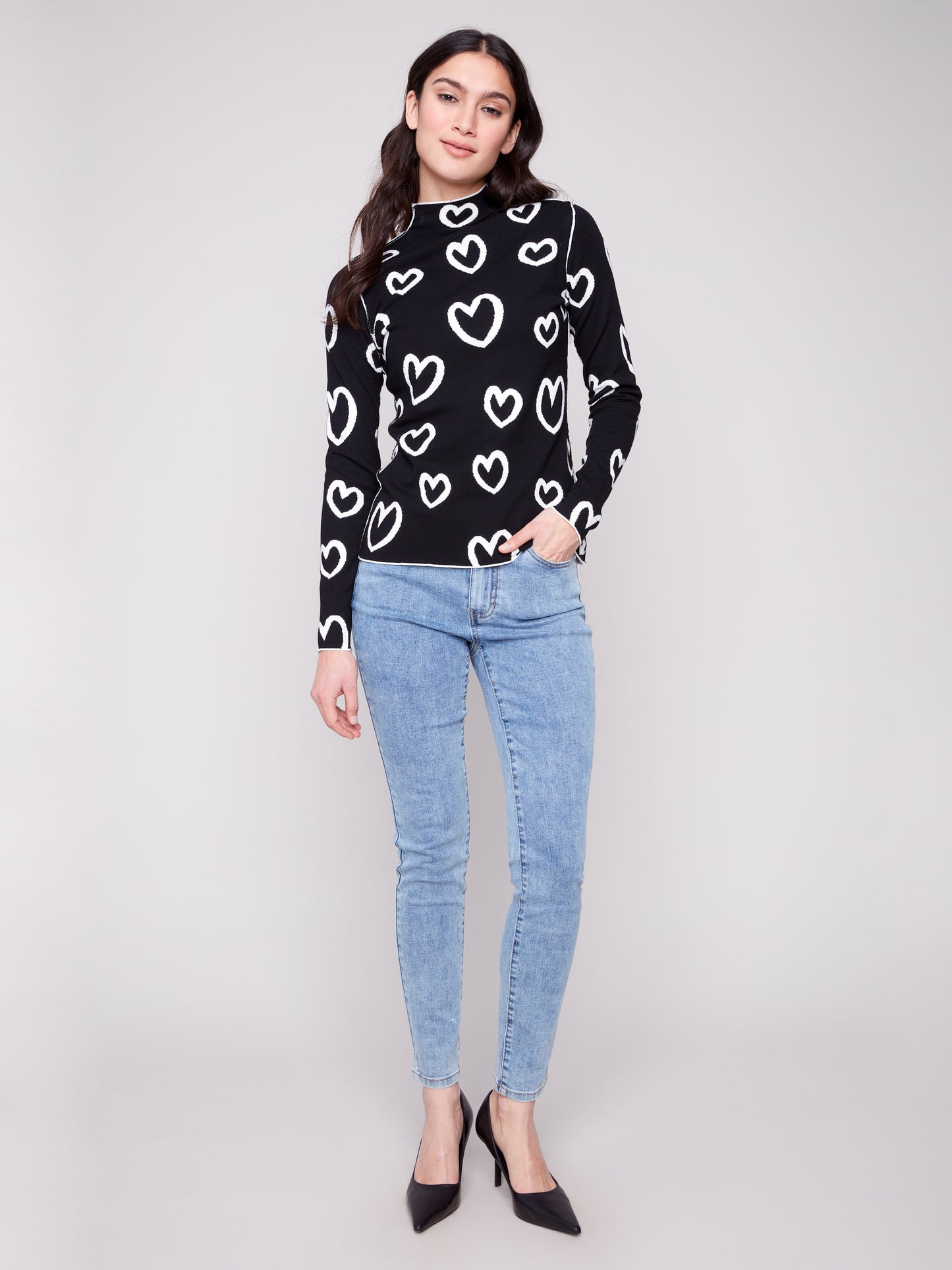 Charlie B Reversible Mock Neck Sweater Hearts C2681PR-965B-P461