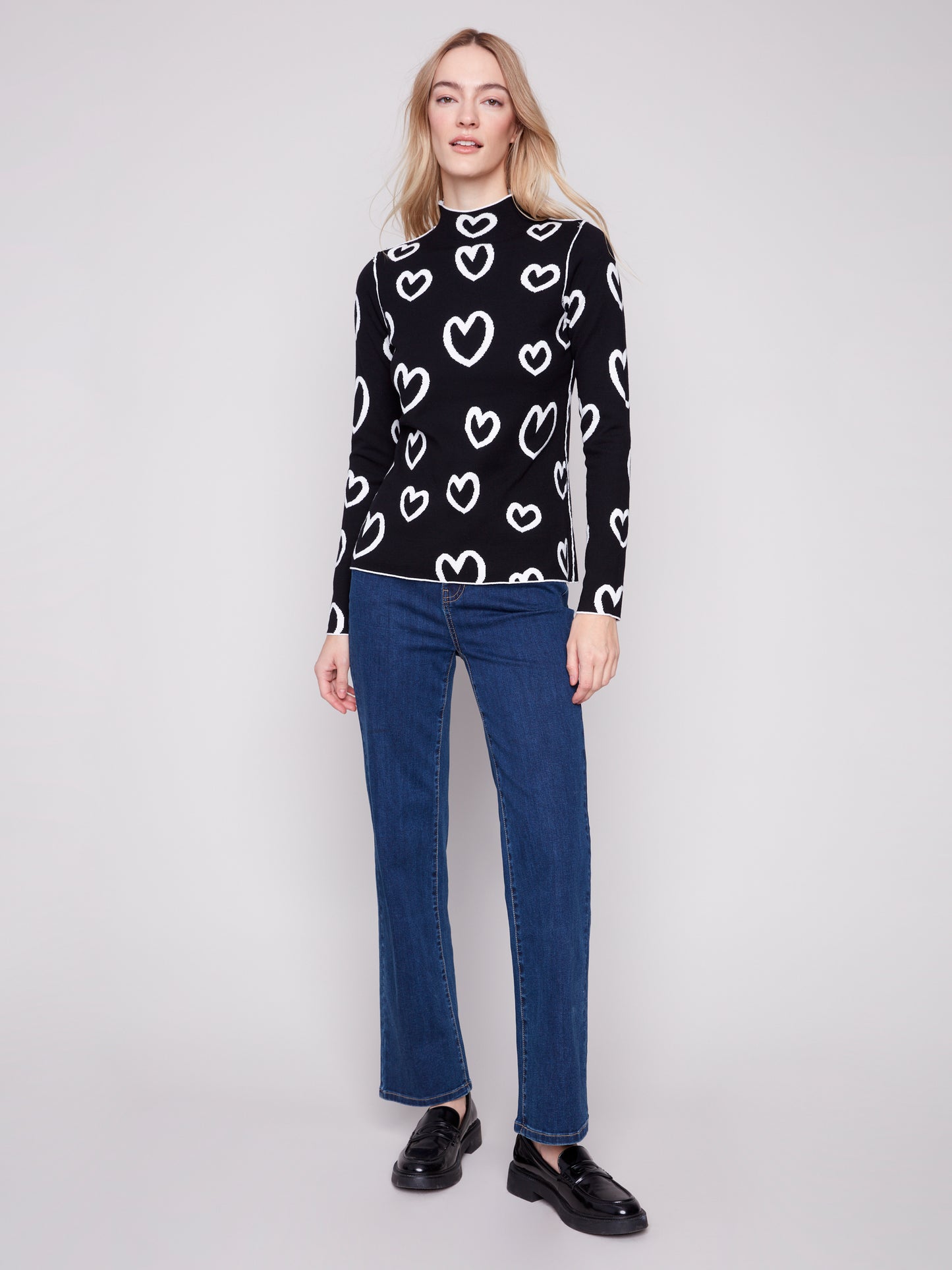 Charlie B Reversible Mock Neck Sweater Hearts C2681PR-965B-P461