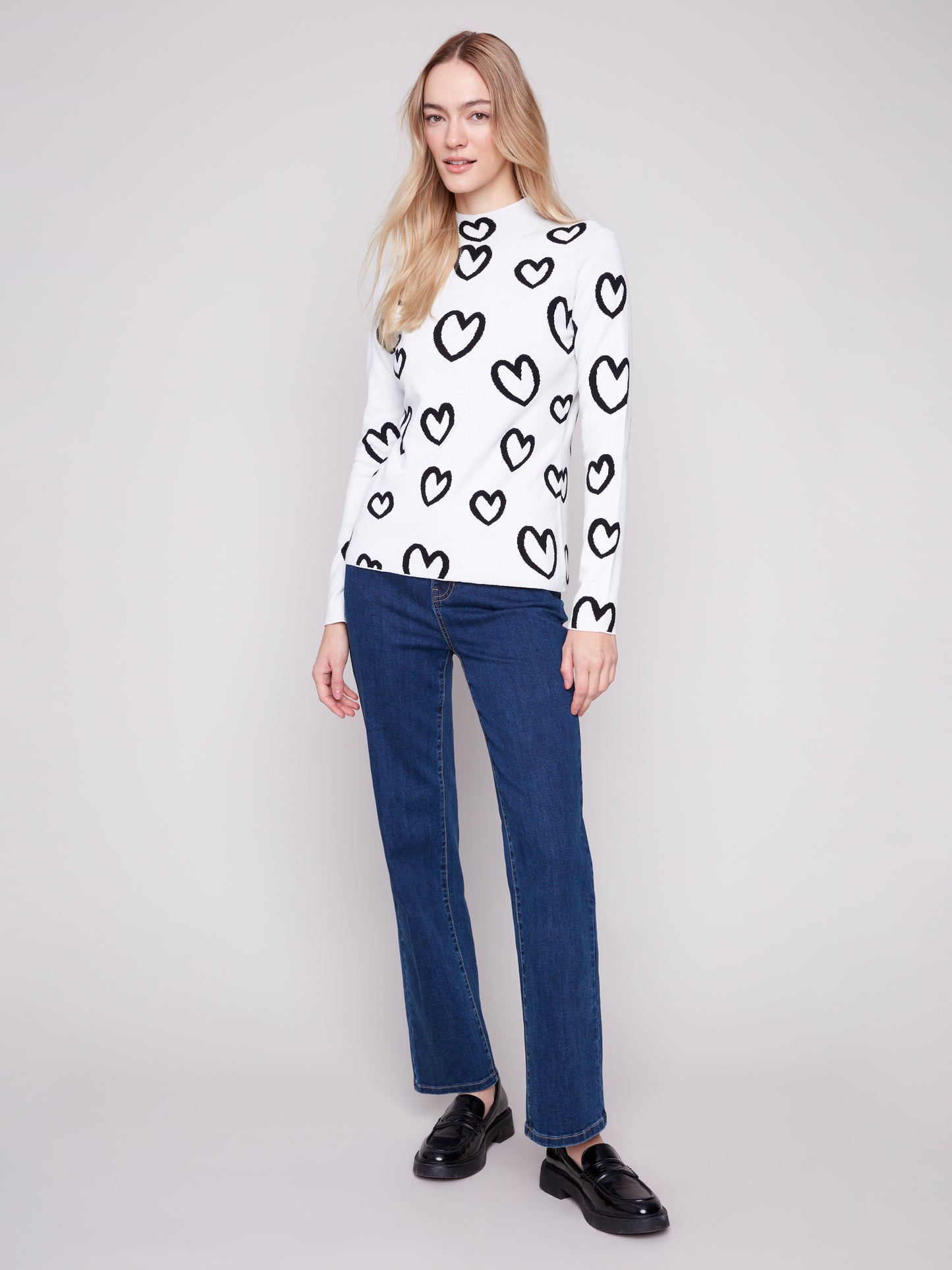 Charlie B Reversible Mock Neck Sweater Hearts C2681PR-965B-P461