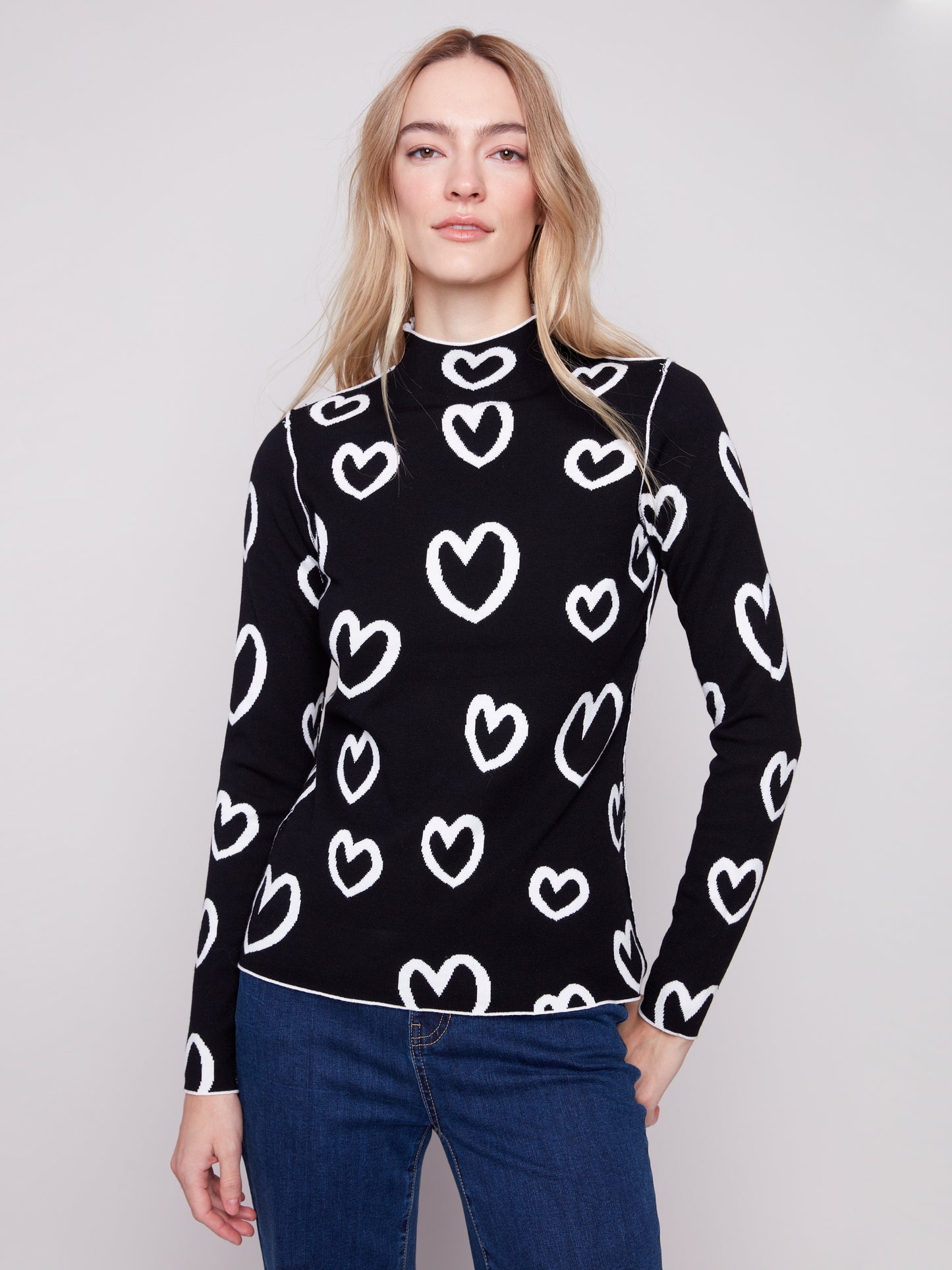 Charlie B Reversible Mock Neck Sweater Hearts C2681PR-965B-P461