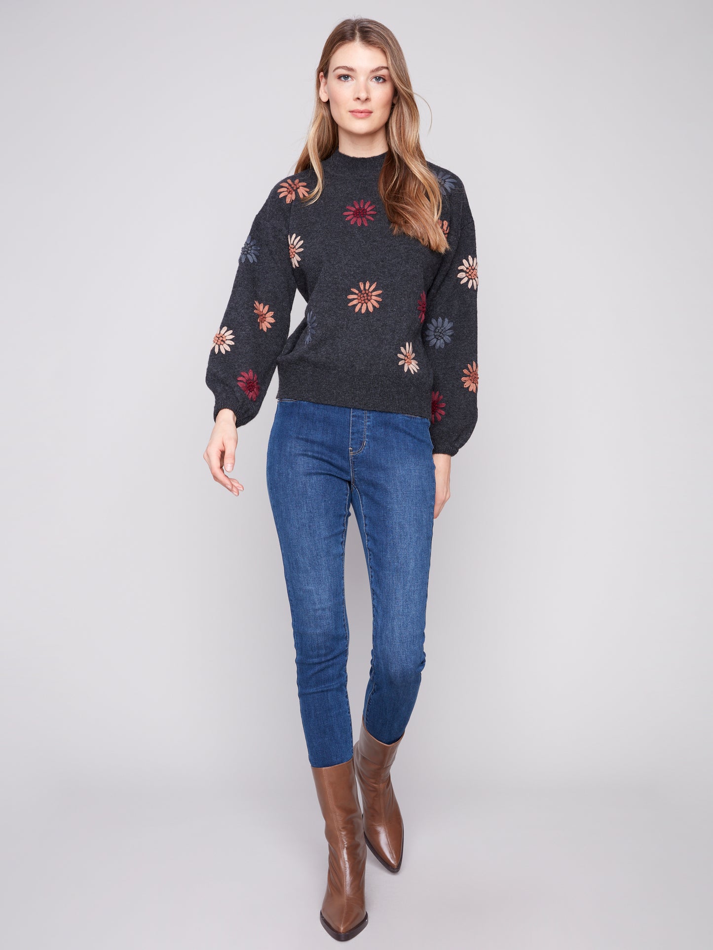 Charlie B Mock Neck Sweater w/Embroidery H. Charcoal C2689E-433C-030