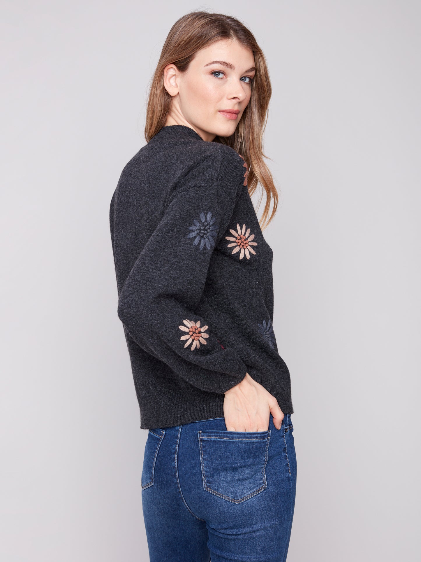 Charlie B Mock Neck Sweater w/Embroidery H. Charcoal C2689E-433C-030