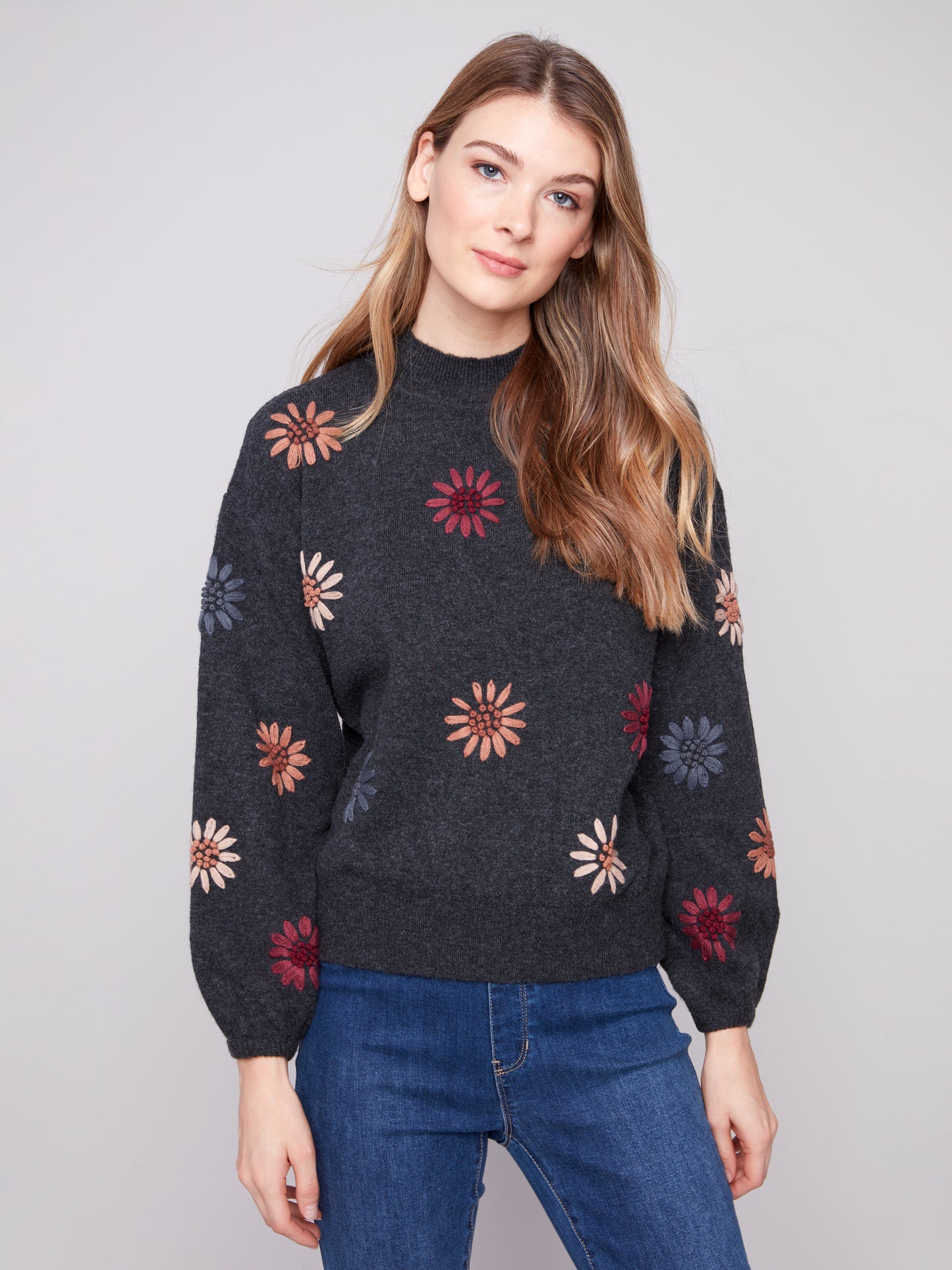 Charlie B Mock Neck Sweater w/Embroidery H. Charcoal C2689E-433C-030
