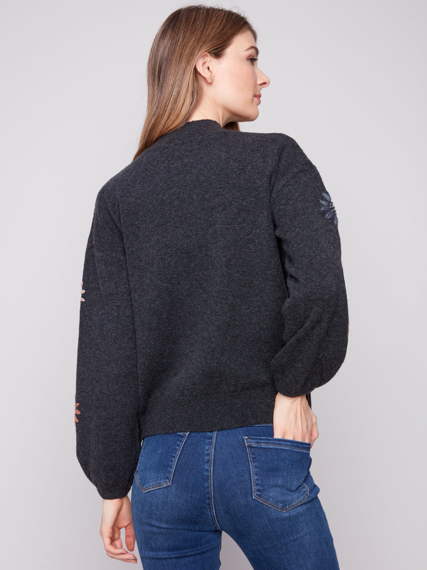 Charlie B Mock Neck Sweater w/Embroidery H. Charcoal C2689E-433C-030