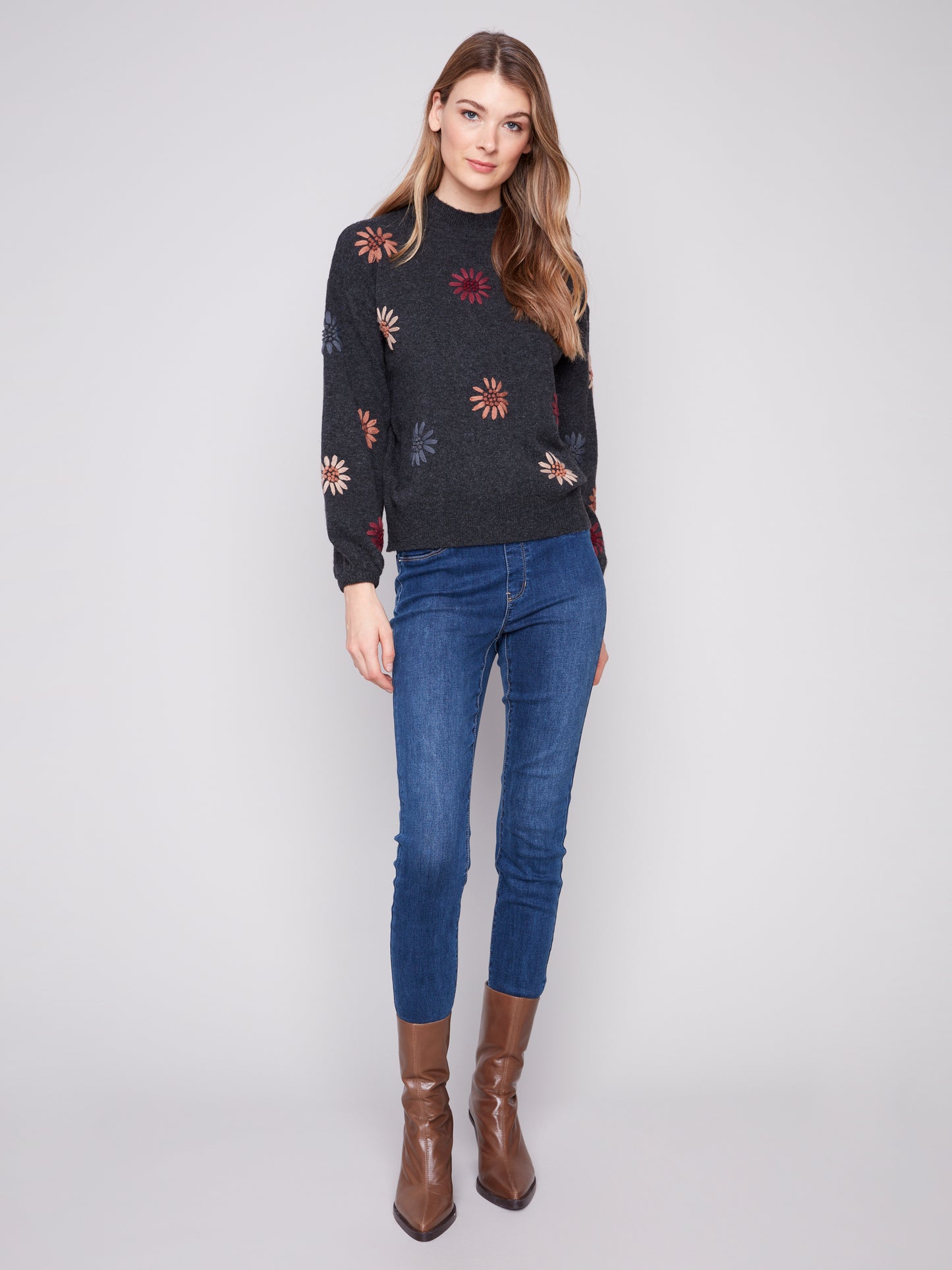 Charlie B Mock Neck Sweater w/Embroidery H. Charcoal C2689E-433C-030