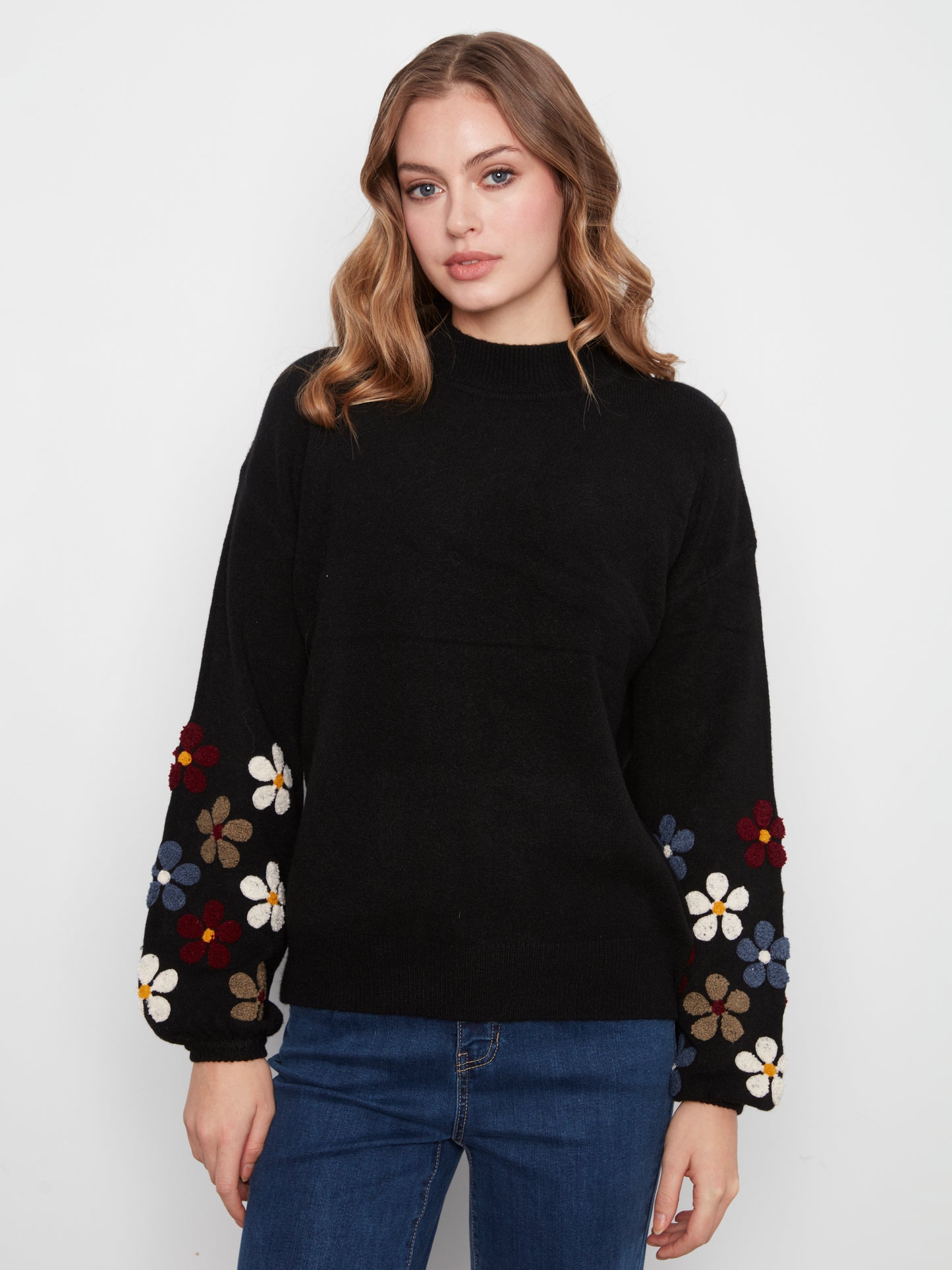 Charlie B Mock Neck Sweater w/Embroidery at Sleeves Black C2689RR-736A-P001