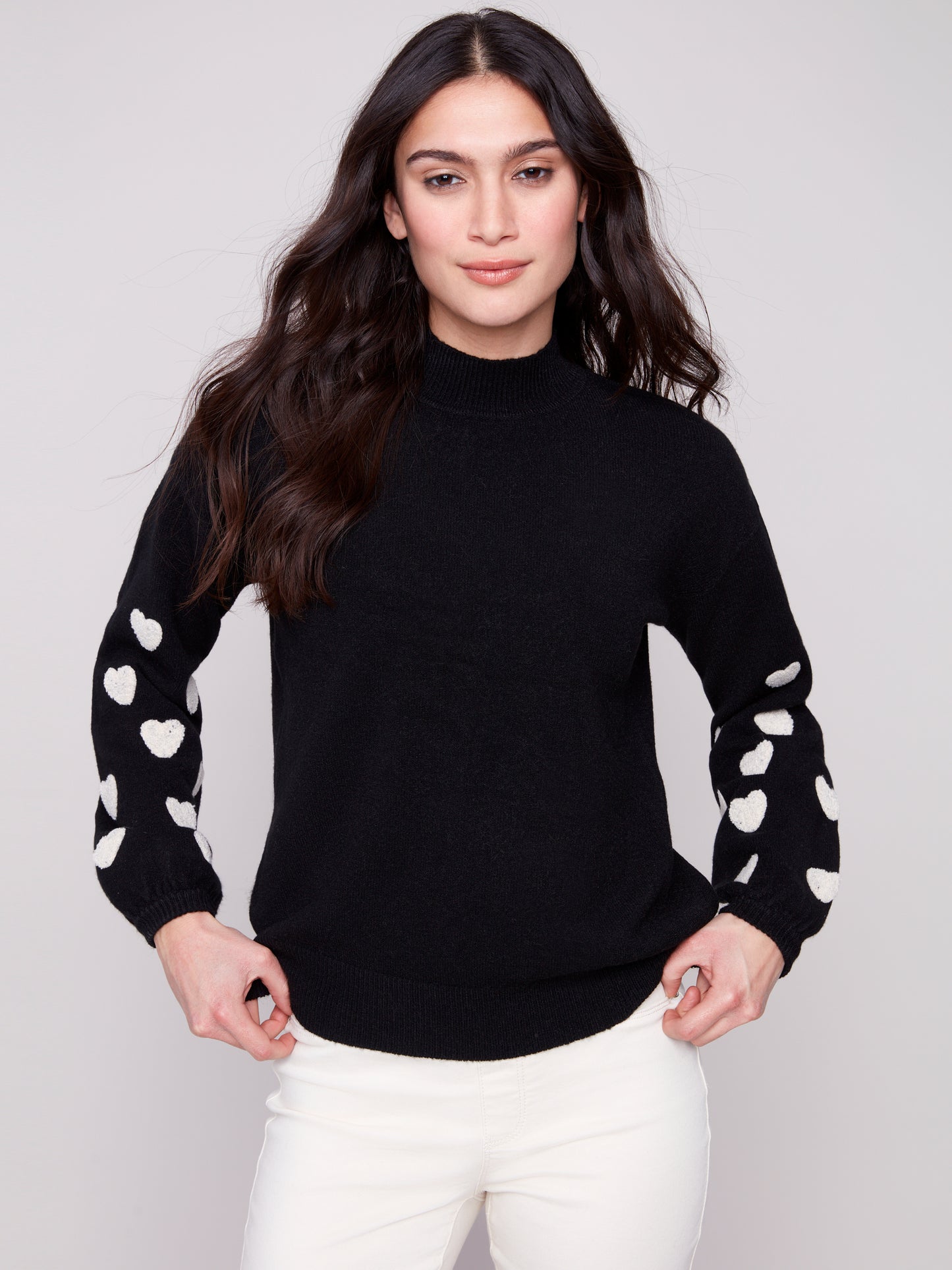 Charlie B Mock Neck Sweater w/Embroidery Black C2689R-736A-P001