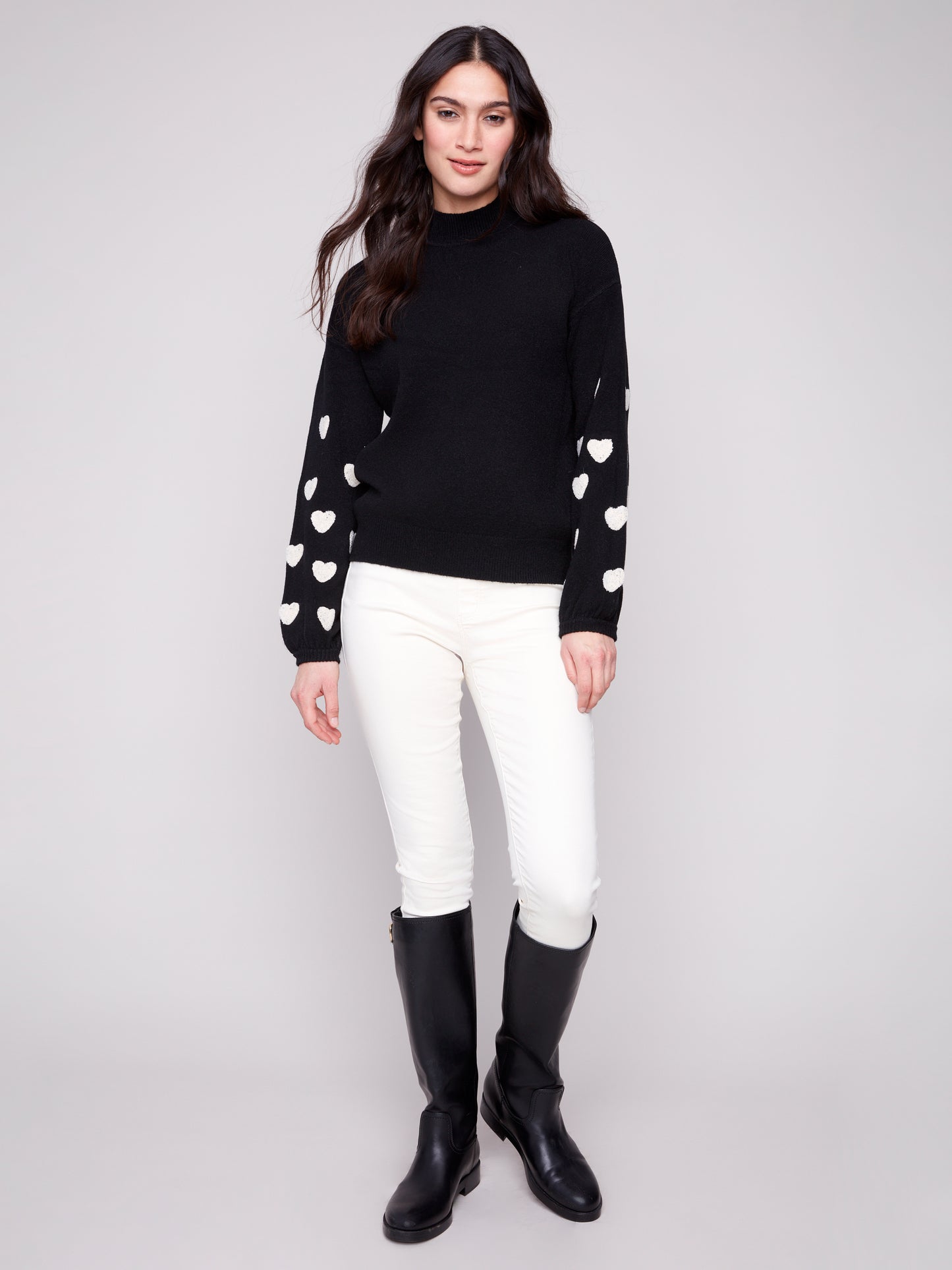 Charlie B Mock Neck Sweater w/Embroidery Black C2689R-736A-P001