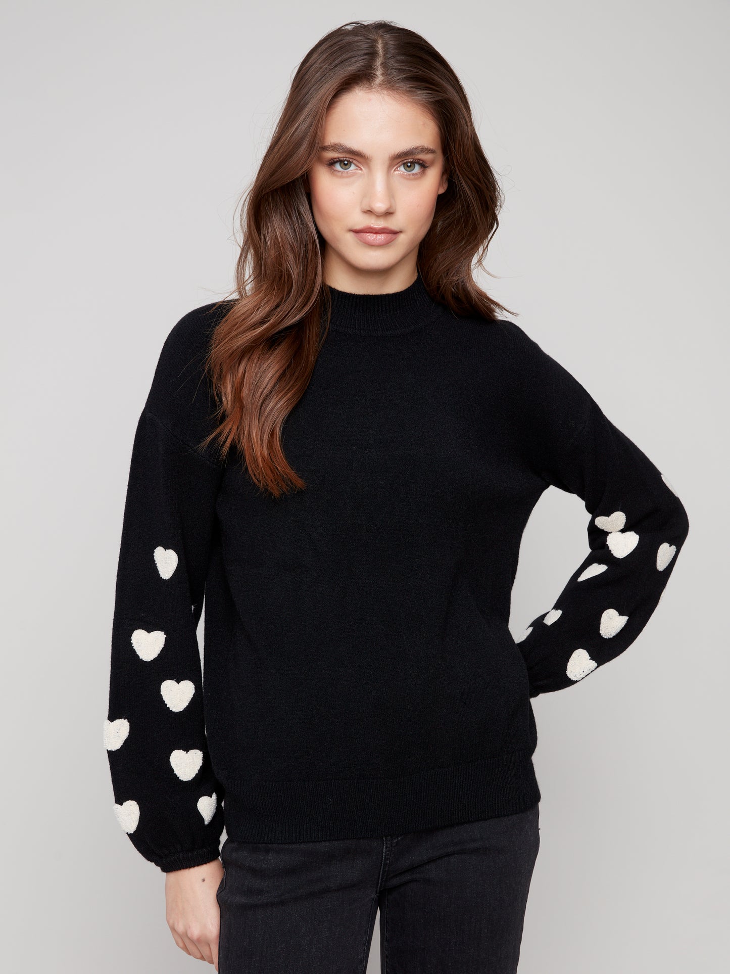 Charlie B Mock Neck Sweater w/Embroidery Black C2689R-736A-P001