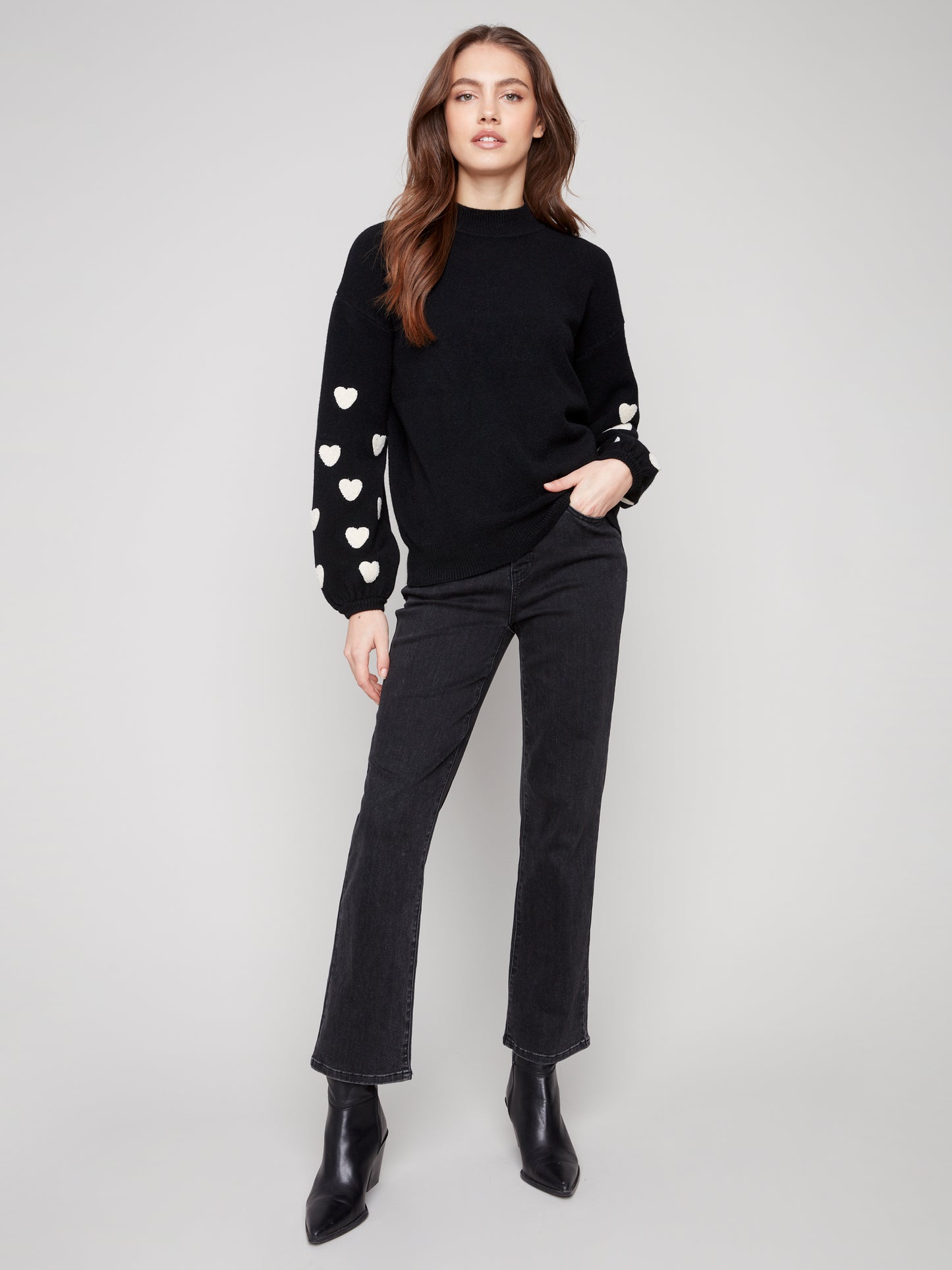 Charlie B Mock Neck Sweater w/Embroidery Black C2689R-736A-P001