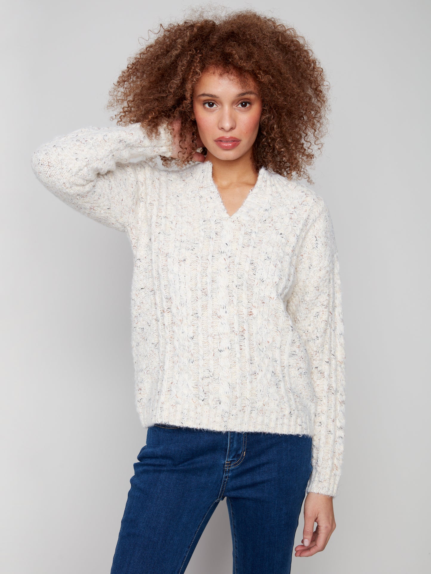 Charlie B Notched Neck Sweater Ecru C2729R-432C-P276