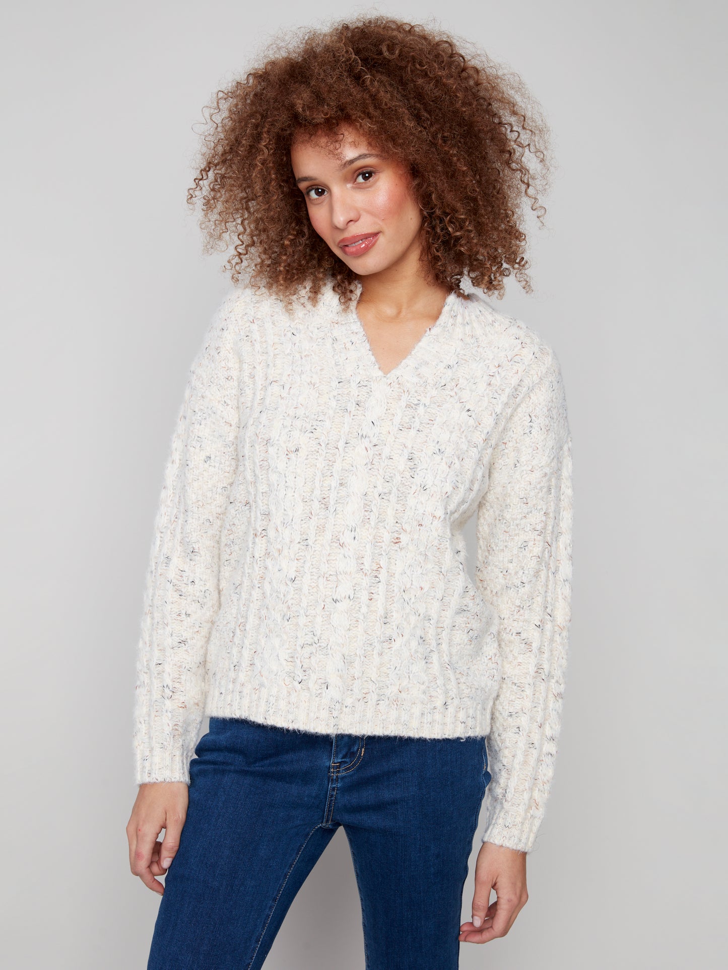 Charlie B Notched Neck Sweater Ecru C2729R-432C-P276