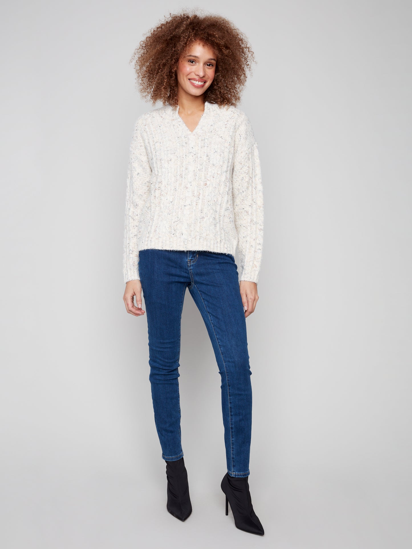 Charlie B Notched Neck Sweater Ecru C2729R-432C-P276