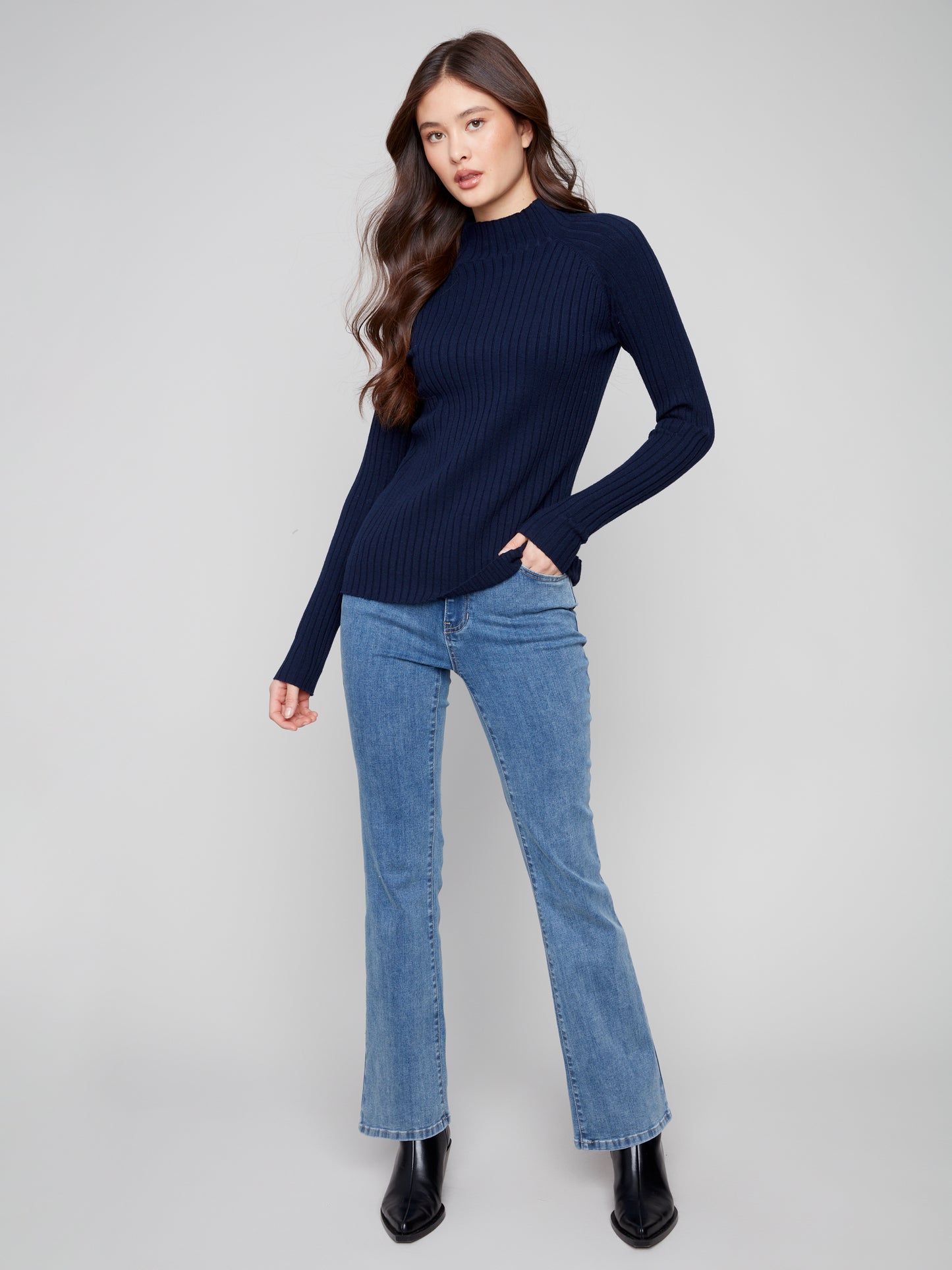 Charlie B Ribbed Knit Mock Neck Sweater Navy C2754R-077C-117