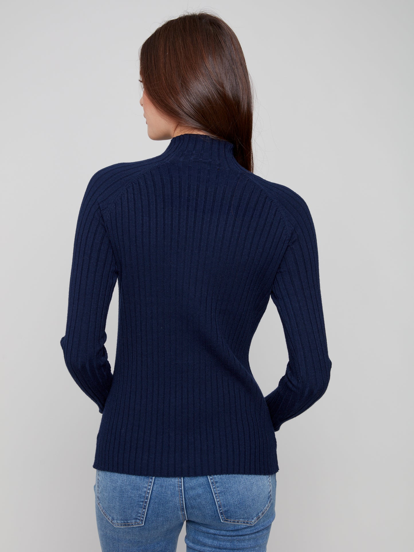 Charlie B Ribbed Knit Mock Neck Sweater Navy C2754R-077C-117