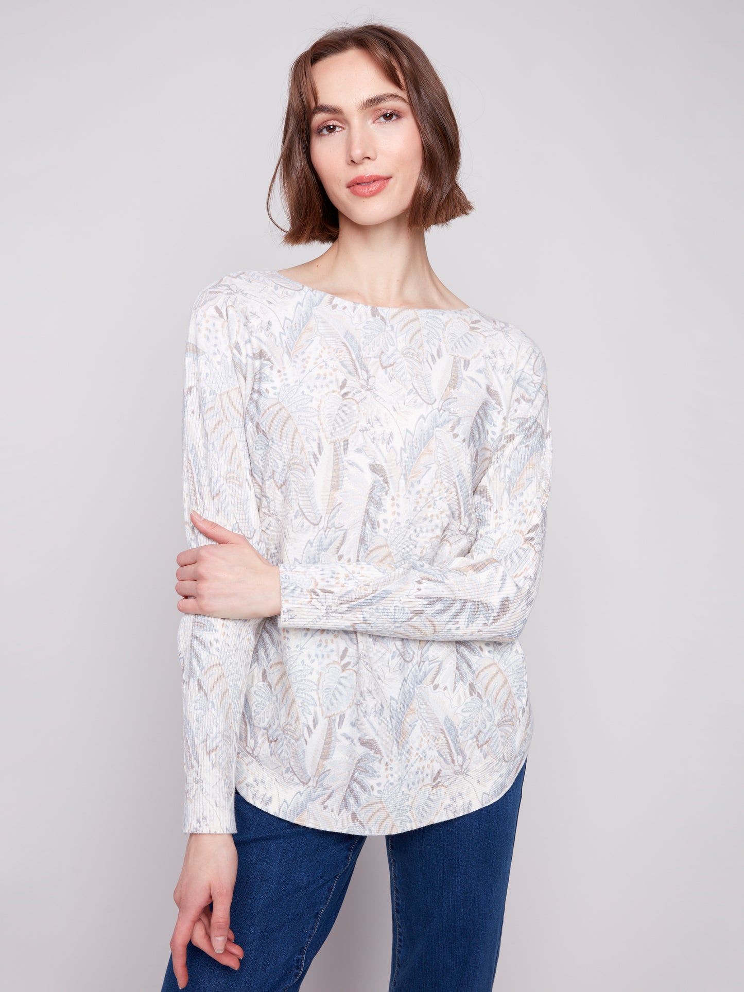 Charlie B Printed Rounded Hem Sweater Foliage C2818P-464A-P904