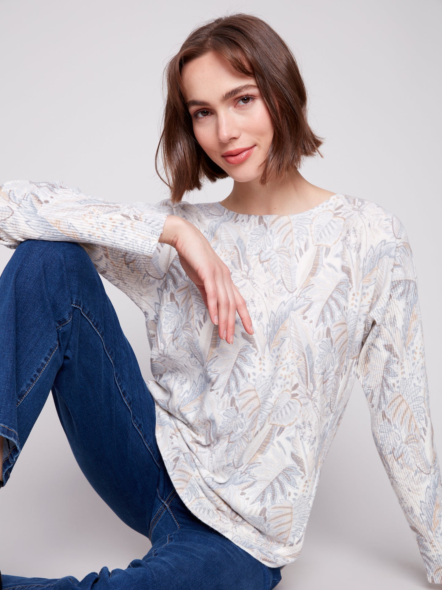 Charlie B Printed Rounded Hem Sweater Foliage C2818P-464A-P904