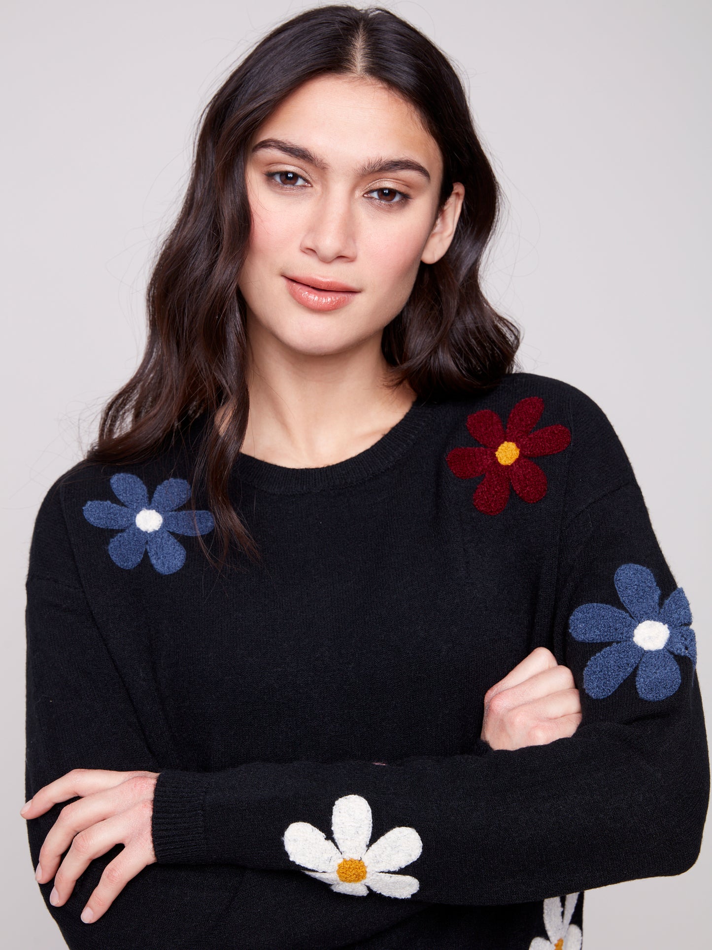 Charlie B Super Plush Sweater w/Boucle Flowers Black C2829-736A-P001