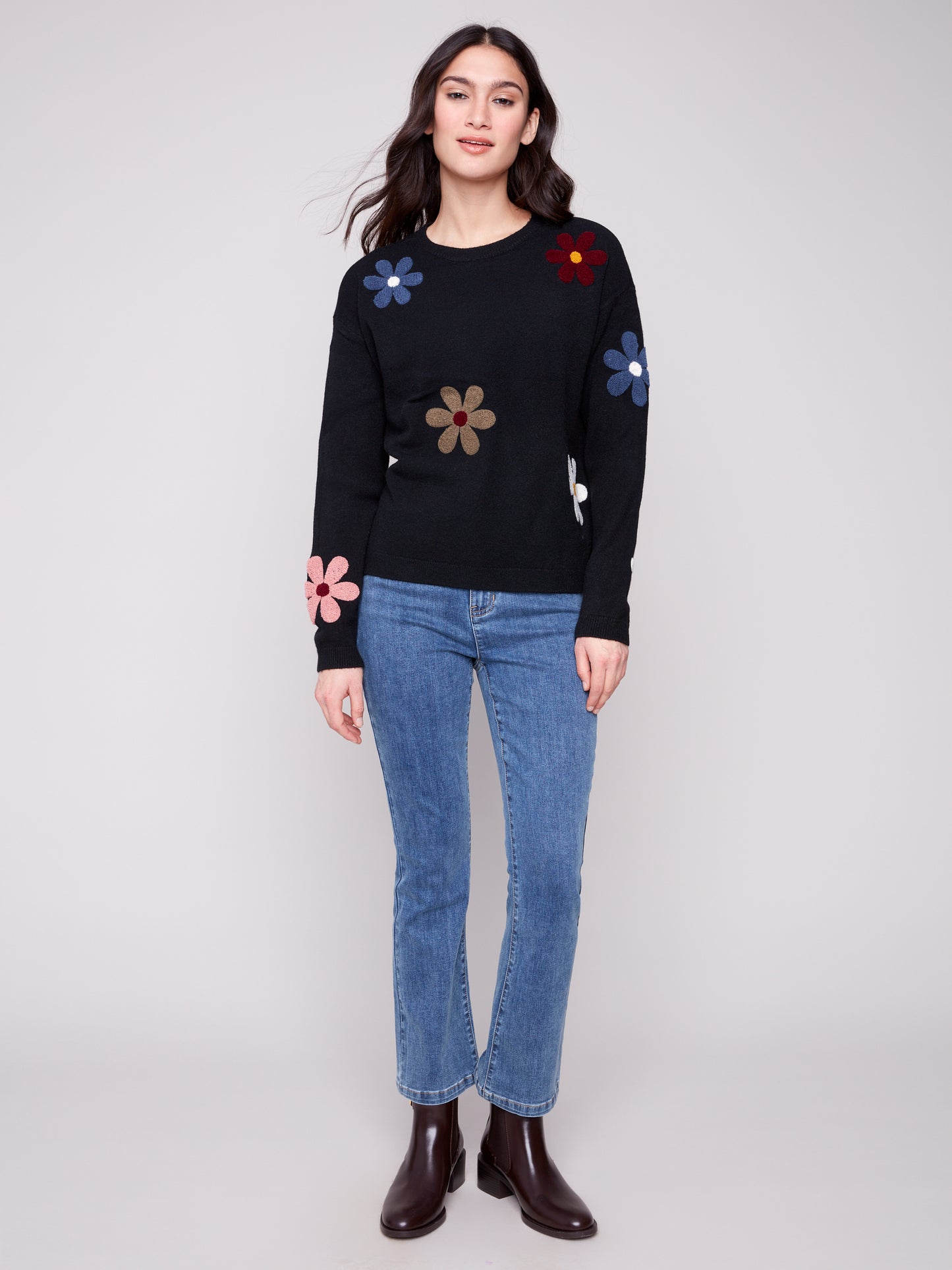 Charlie B Super Plush Sweater w/Boucle Flowers Black C2829-736A-P001