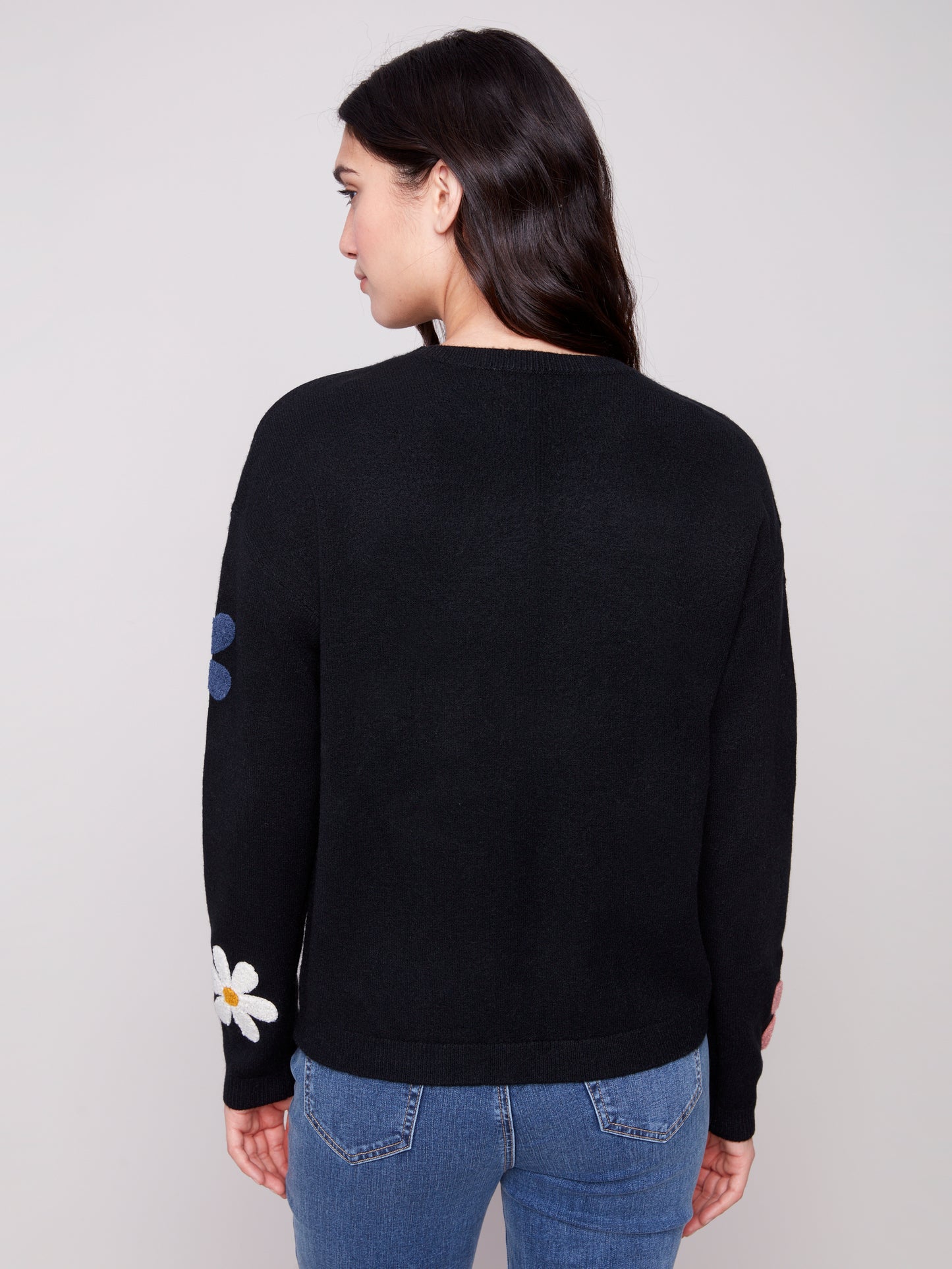 Charlie B Super Plush Sweater w/Boucle Flowers Black C2829-736A-P001