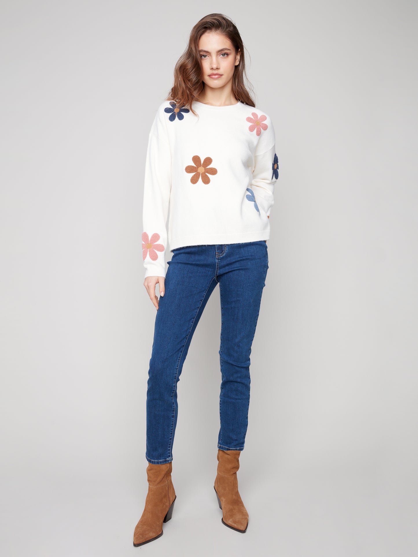 Charlie B Super Plush Sweater w/Boucle Flowers Ecru C2829-736A-P276