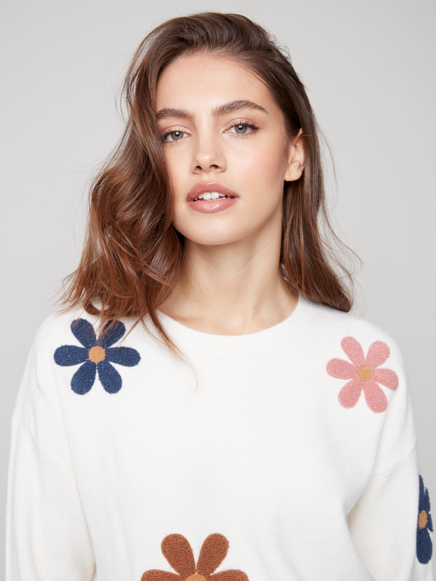 Charlie B Super Plush Sweater w/Boucle Flowers Ecru C2829-736A-P276