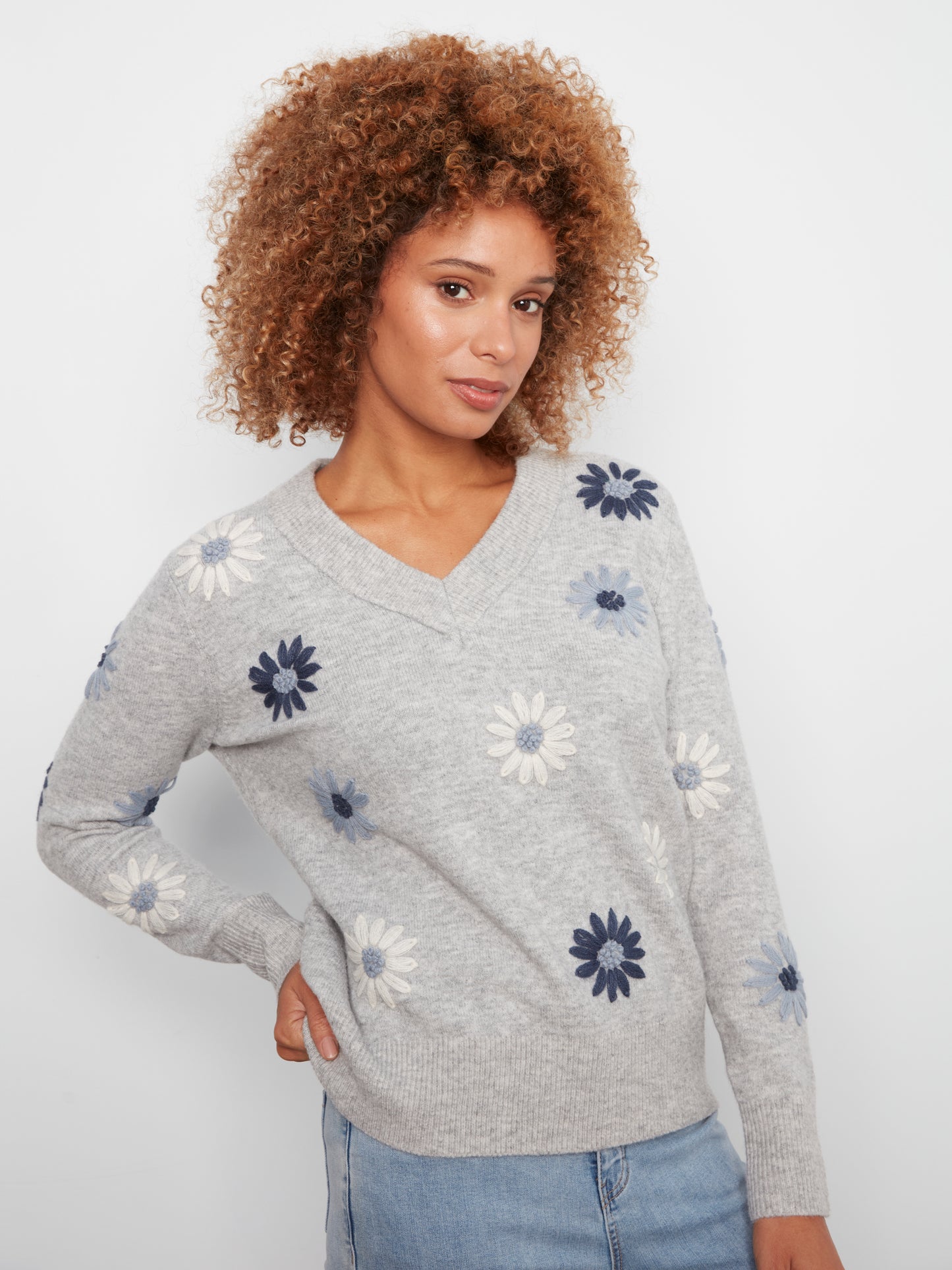 Charlie B Embroidered V-Neck Sweater w/Wide Rib Cuff and Hem H-Grey C2853R-433C-P008