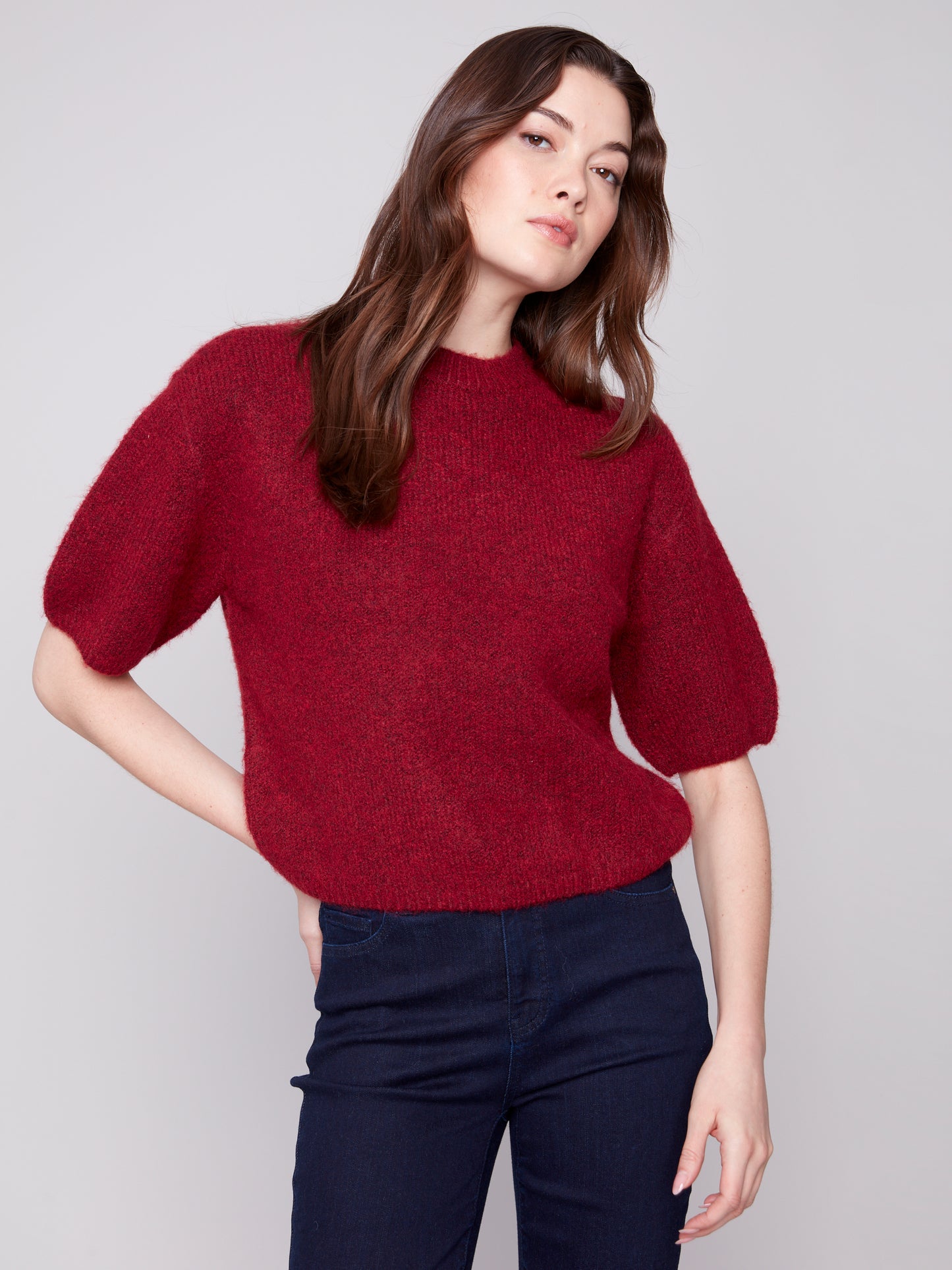 Charlie B Elbow Sleeve Balloon Shape Sweater Cabernet C2858-340C-667