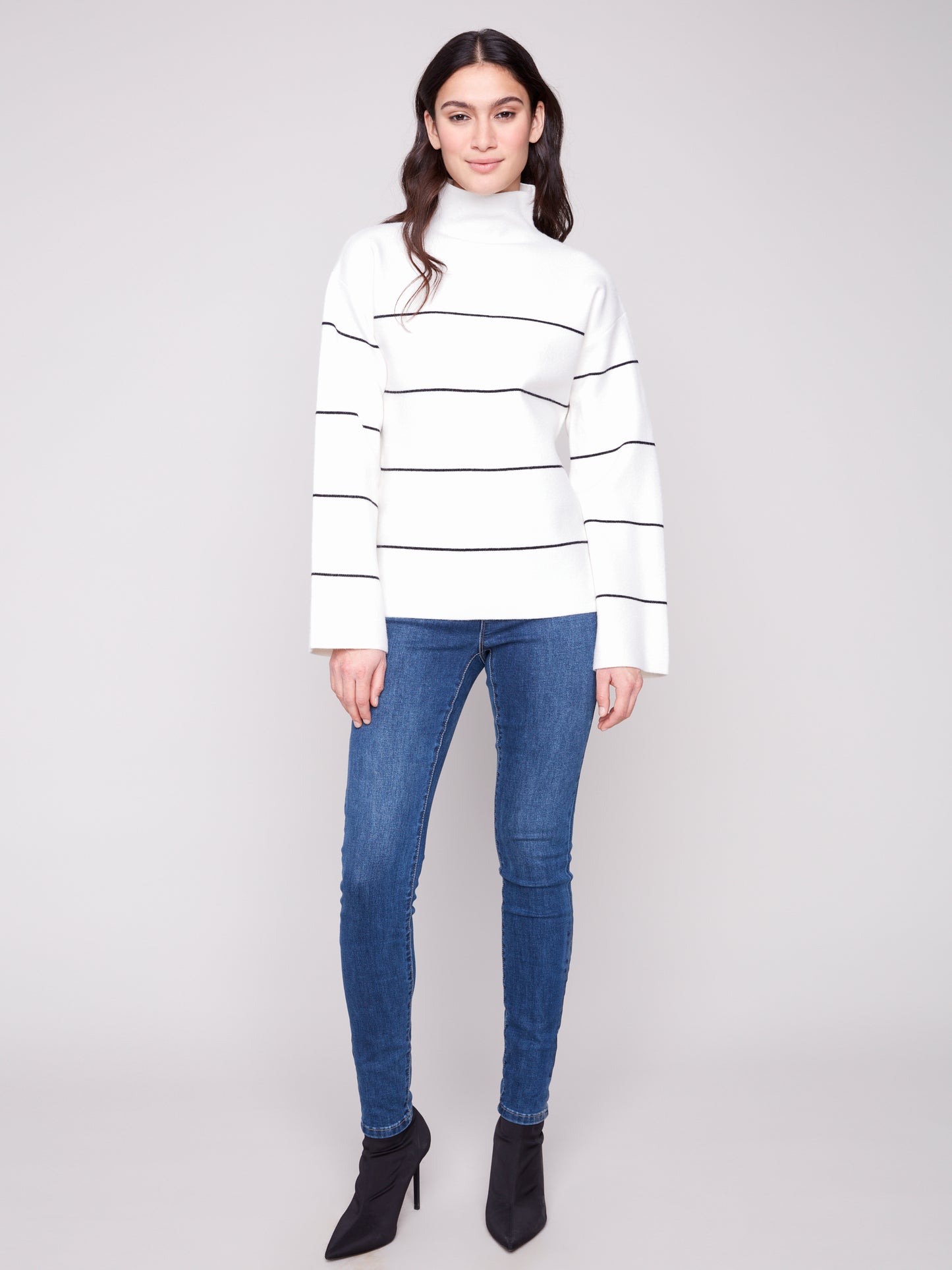 Charlie B Yarn Dye Mock Neck Striped Sweater Ecru C2870-974A-P276