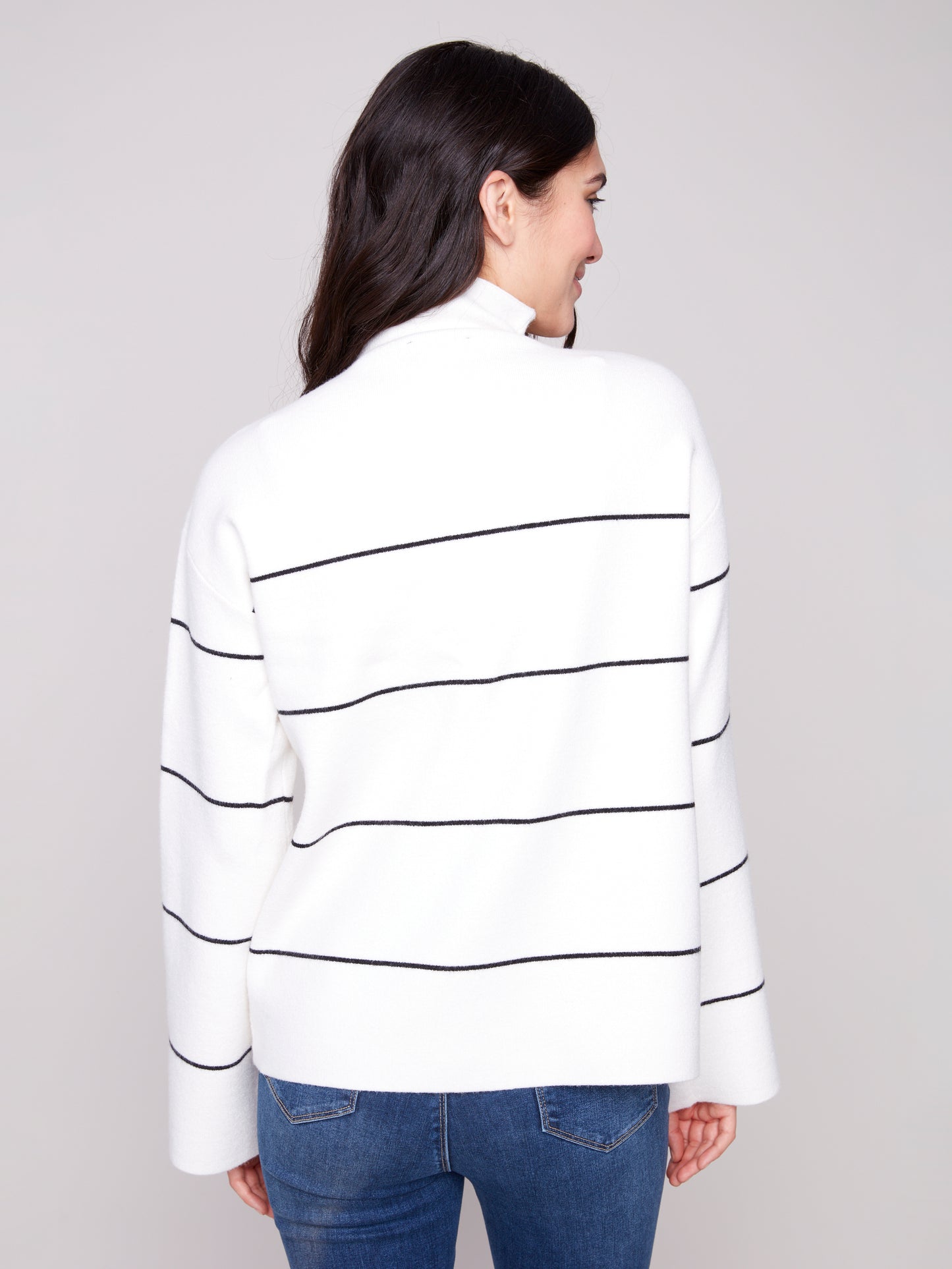 Charlie B Yarn Dye Mock Neck Striped Sweater Ecru C2870-974A-P276