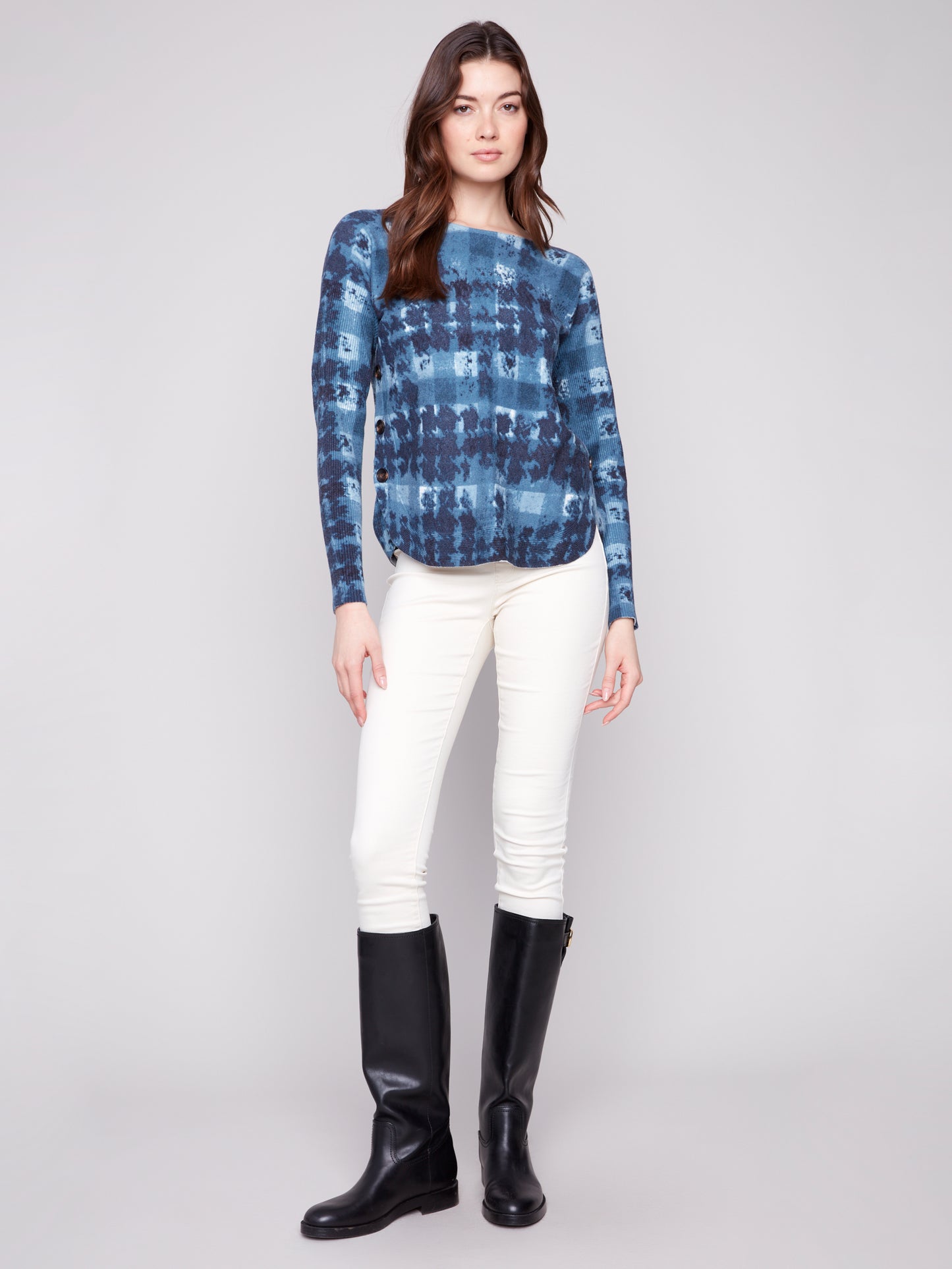 Charlie B Boat Neck Sweater w/Side Buttons Detail Shadow C2871P-464A-958